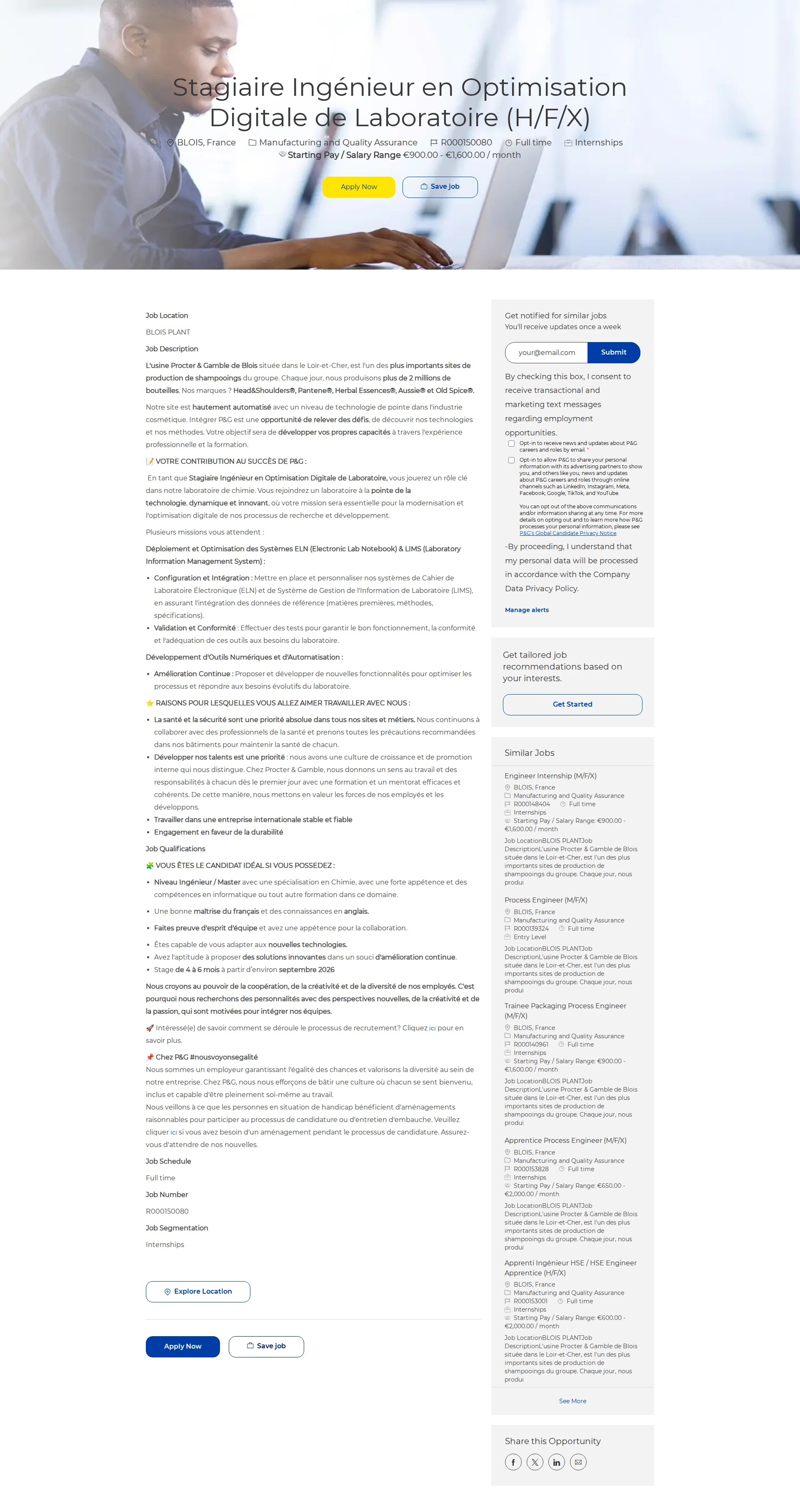 P&G Stagiaire Ingénieur en Optimisation Digitale de Laboratoire (H/F/X) 채용공고