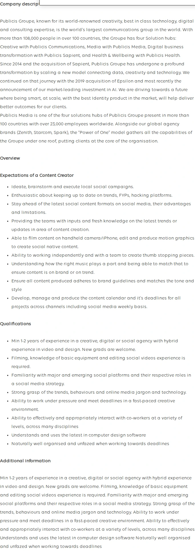 Publicis Groupe Content Creator 채용공고