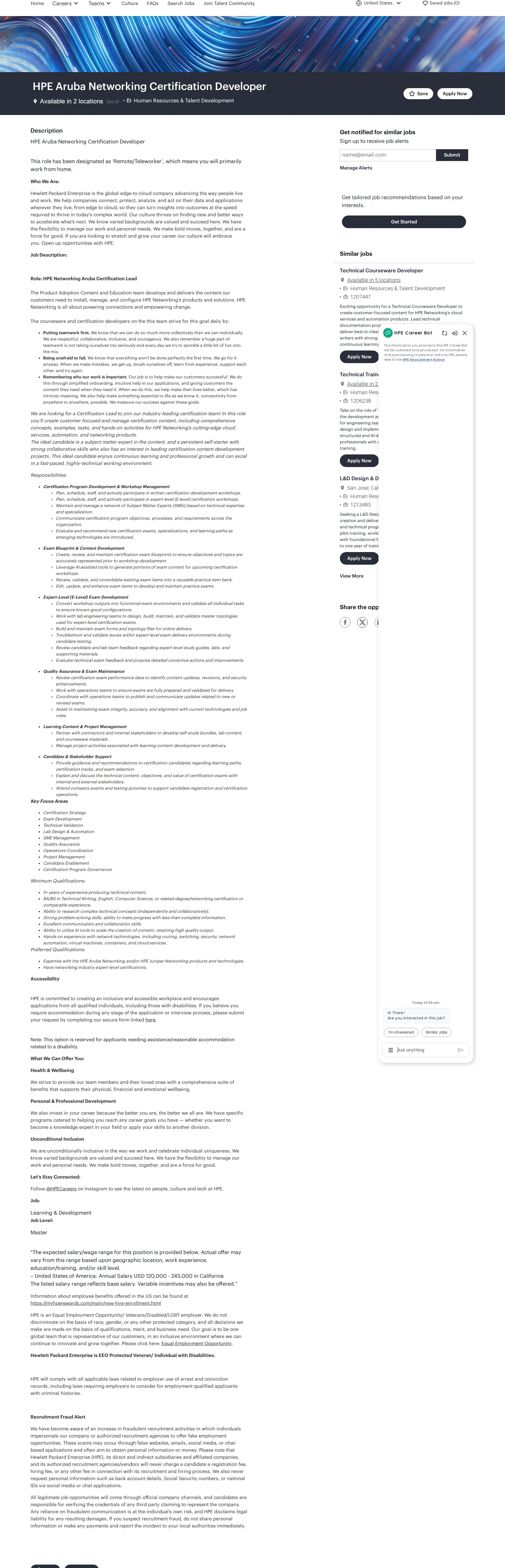 HP HPE Aruba Networking Certification Developer 채용공고