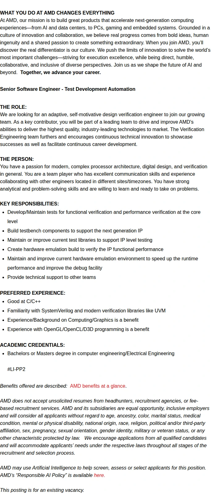 AMD Senior Software Engineer - Test Development Automation 채용공고