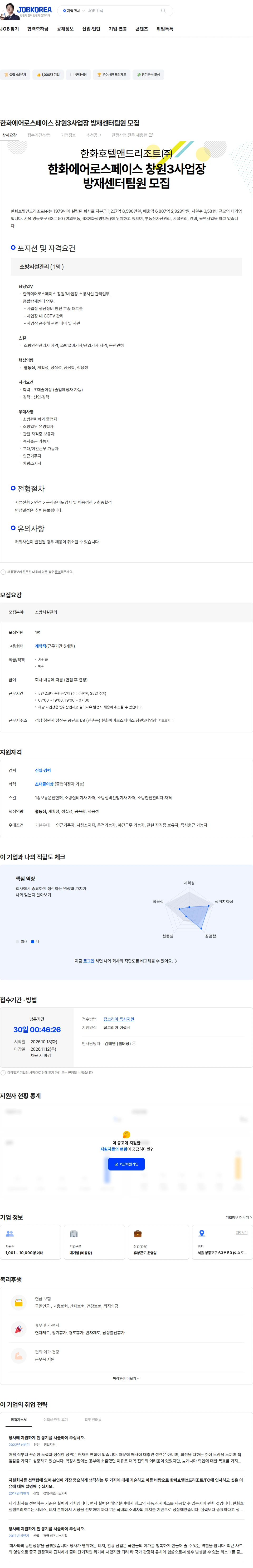 한화호텔앤드리조트 한화에어로스페이스 창원3사업장 방재센터팀원 모집 채용공고