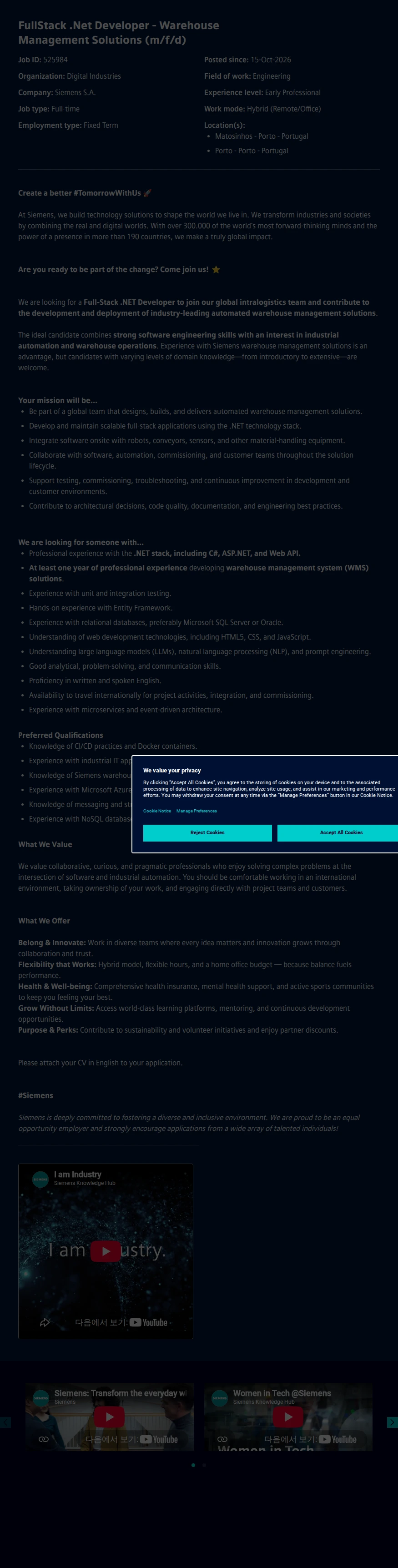 지멘스 FullStack .Net Developer - Warehouse Management Solutions (m/f/d) 채용공고