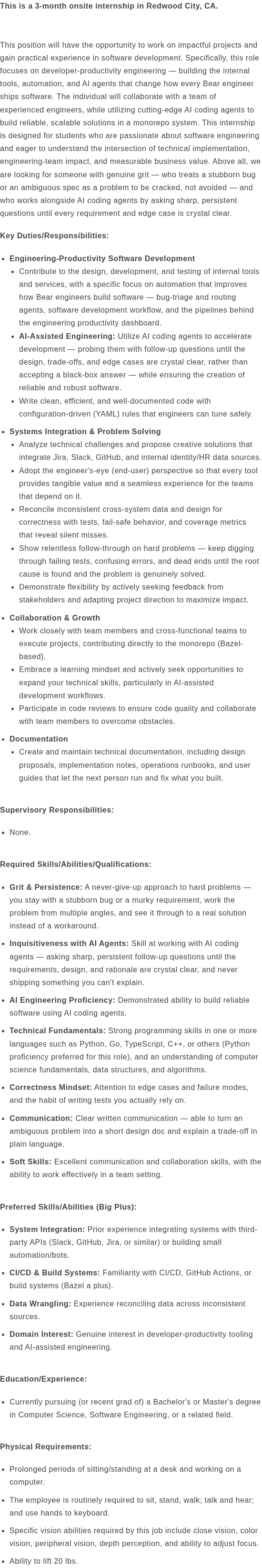 베어로보틱스 Software Engineering Intern, Developer Productivity 채용공고