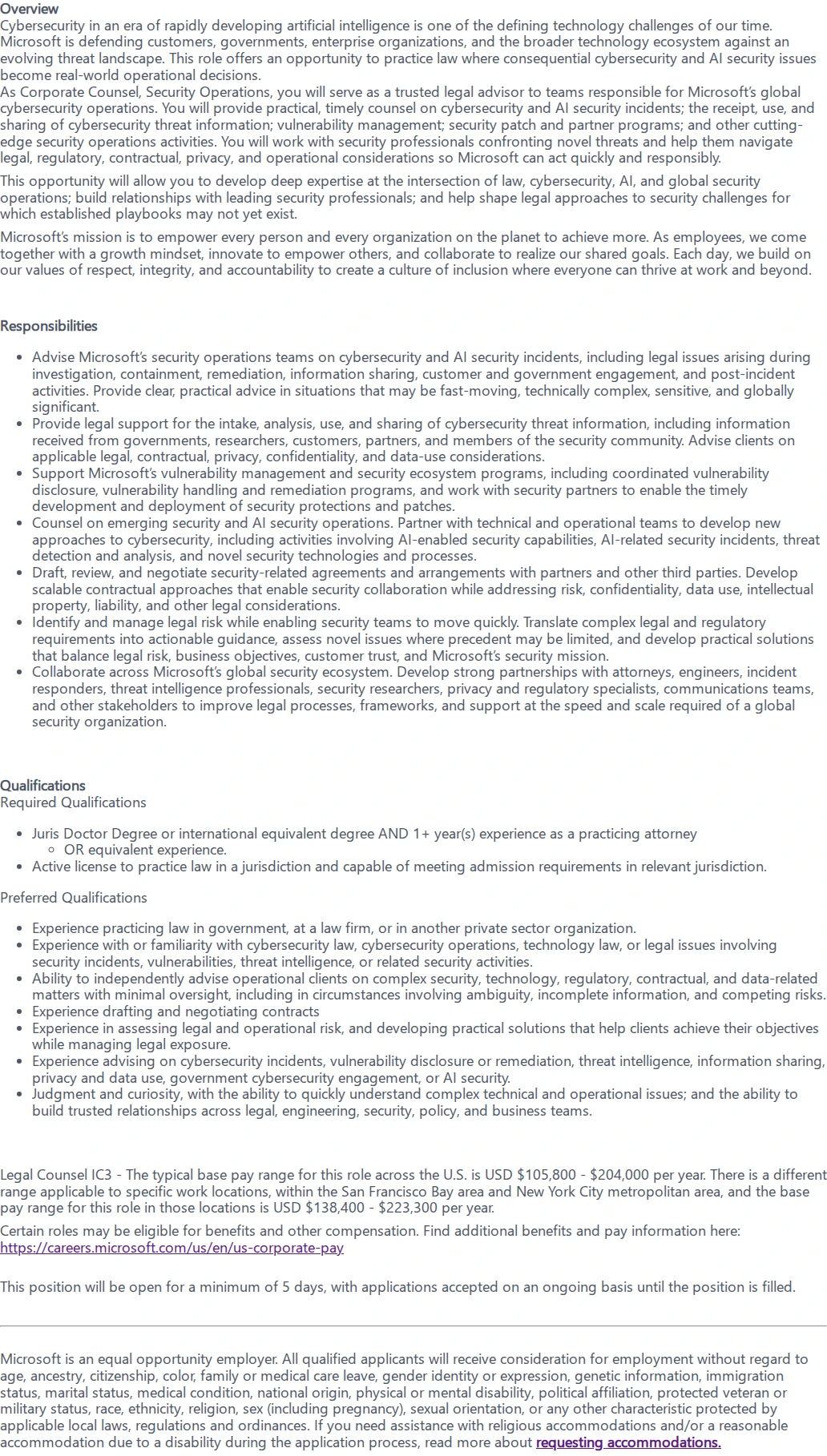 마이크로소프트(Microsoft) Corporate Counsel, Security Operations 채용공고