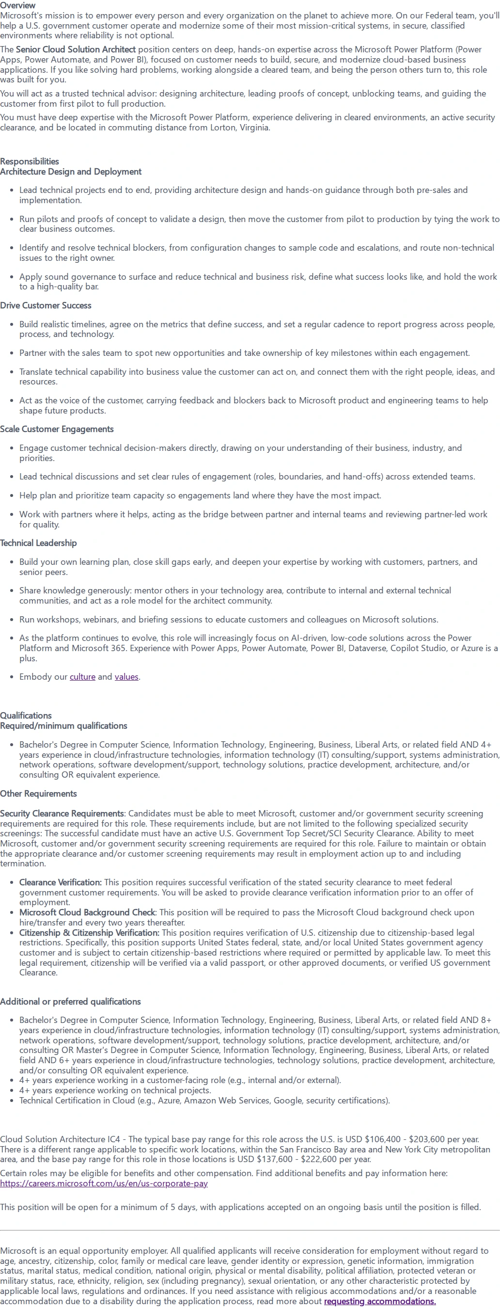 마이크로소프트(Microsoft) Senior Cloud Solution Architect - CTJ - TS/SCI 채용공고