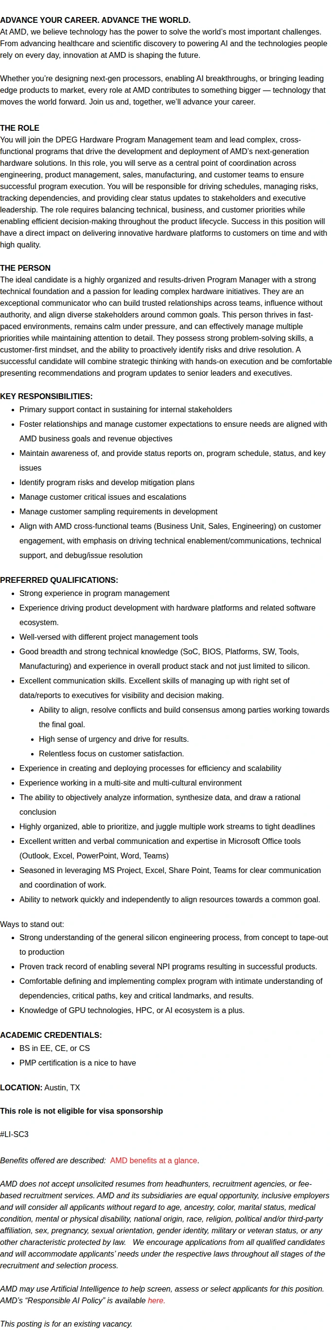 AMD Senior Hardware Systems Program Manager 채용공고