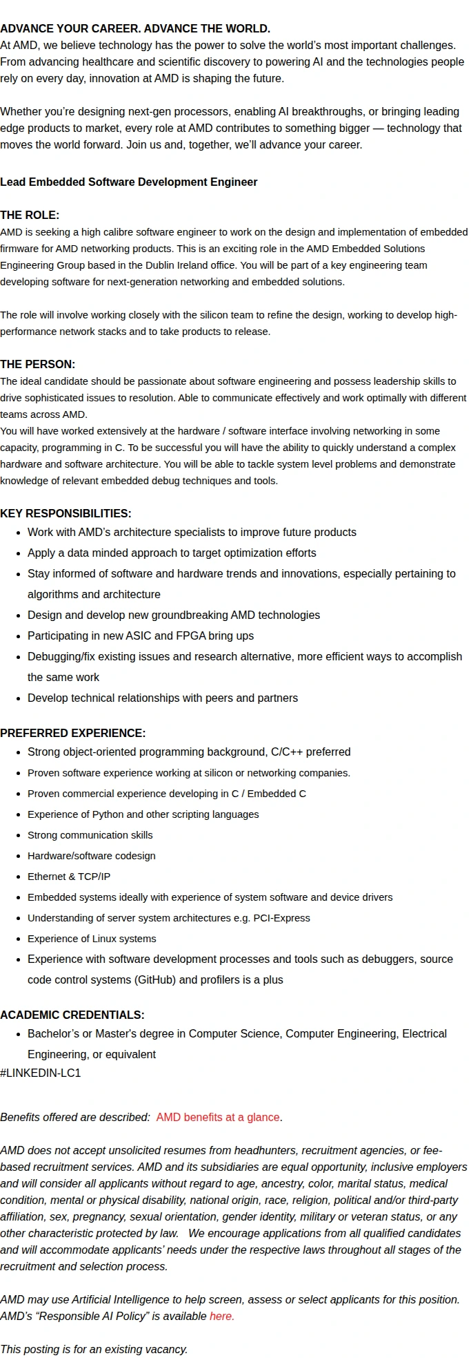 AMD Lead Embedded Software Development Engineer 채용공고