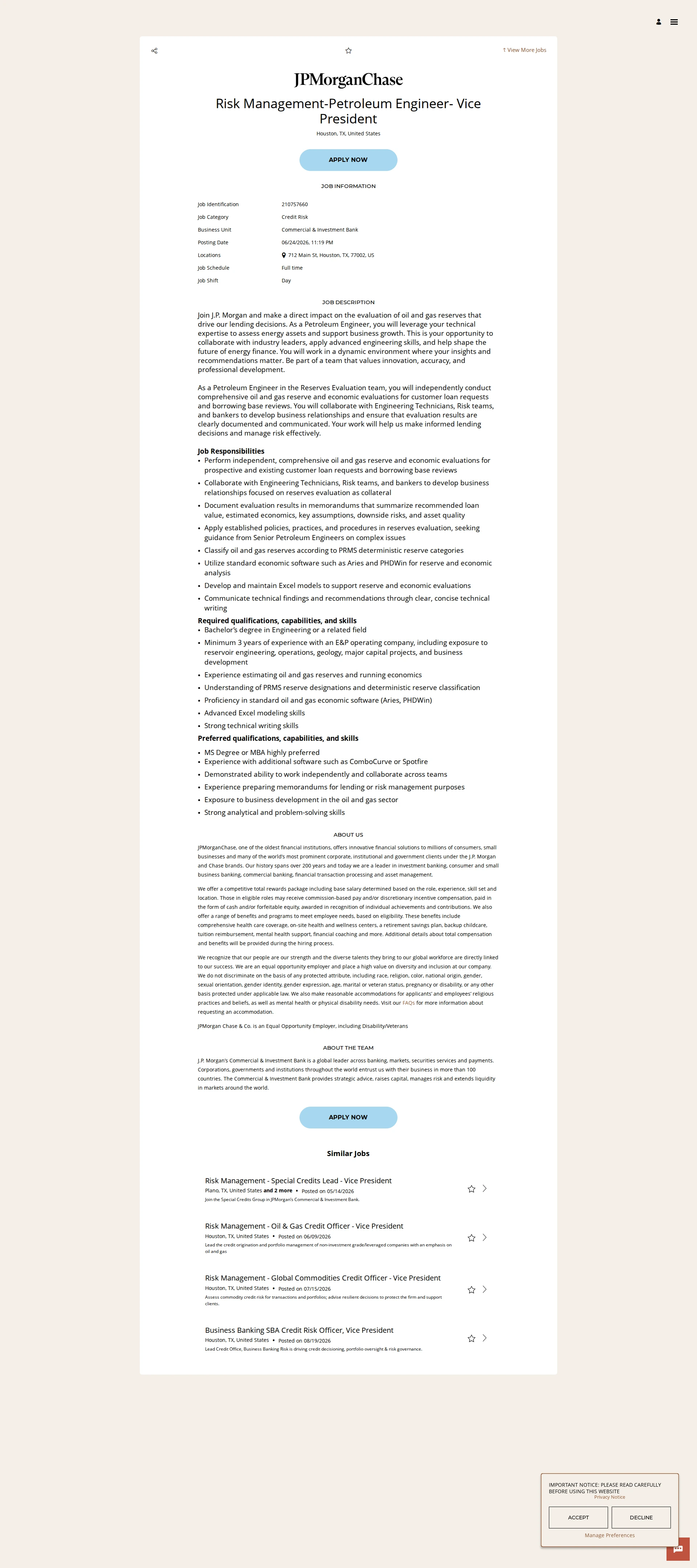JPMorganChase Risk Management-Petroleum Engineer- Vice President 채용공고
