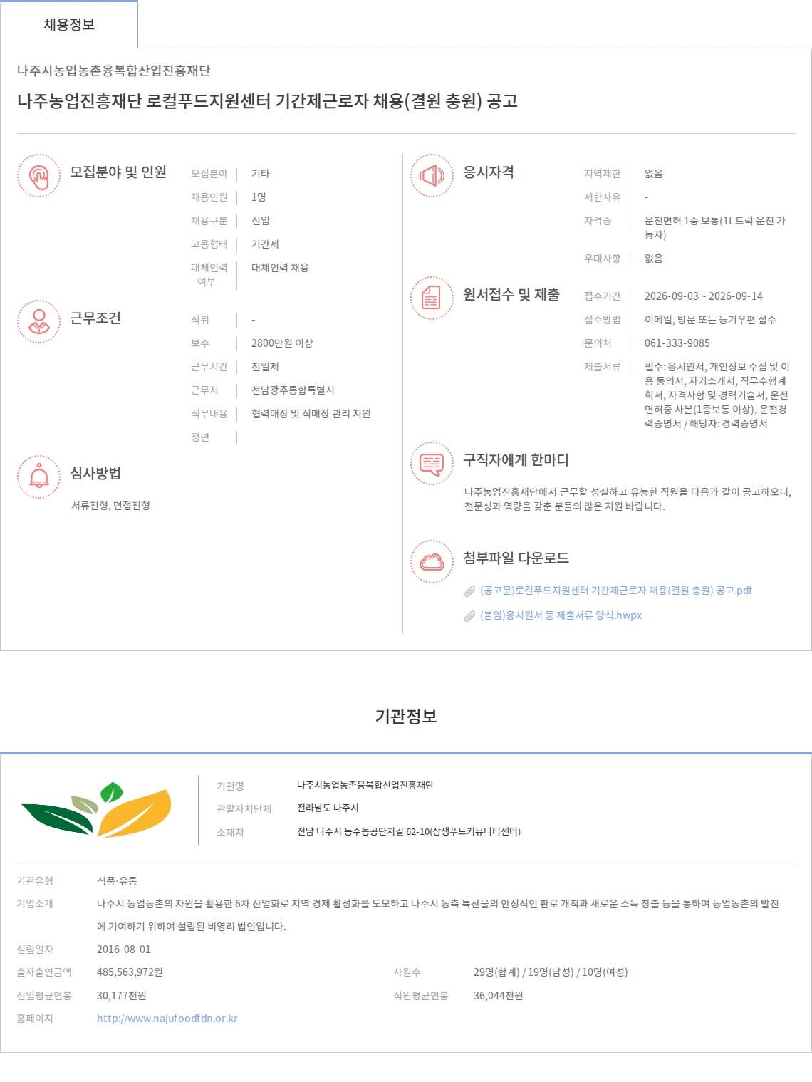 나주시농업농촌융복합산업진흥재단 나주농업진흥재단 로컬푸드지원센터 기간제근로자 채용(결원 충원) 공고 채용공고