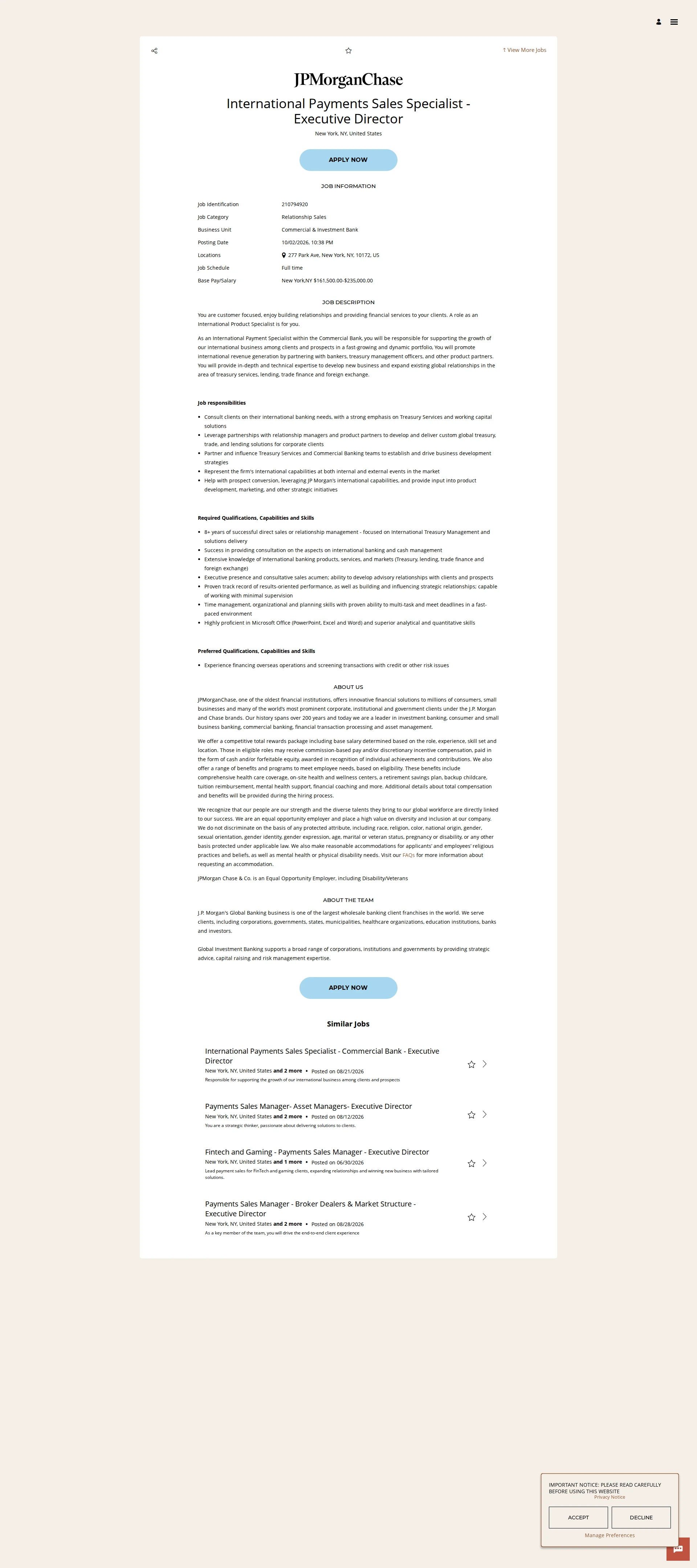 JPMorganChase International Payments Sales Specialist - Executive Director 채용공고