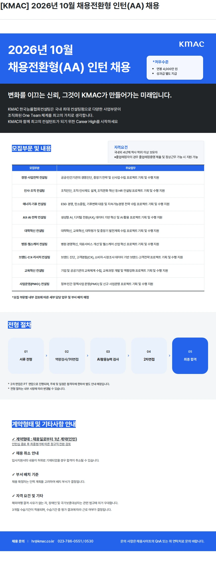 kmac [KMAC] 2026년 10월 채용전환형 인턴(AA) 채용 채용공고