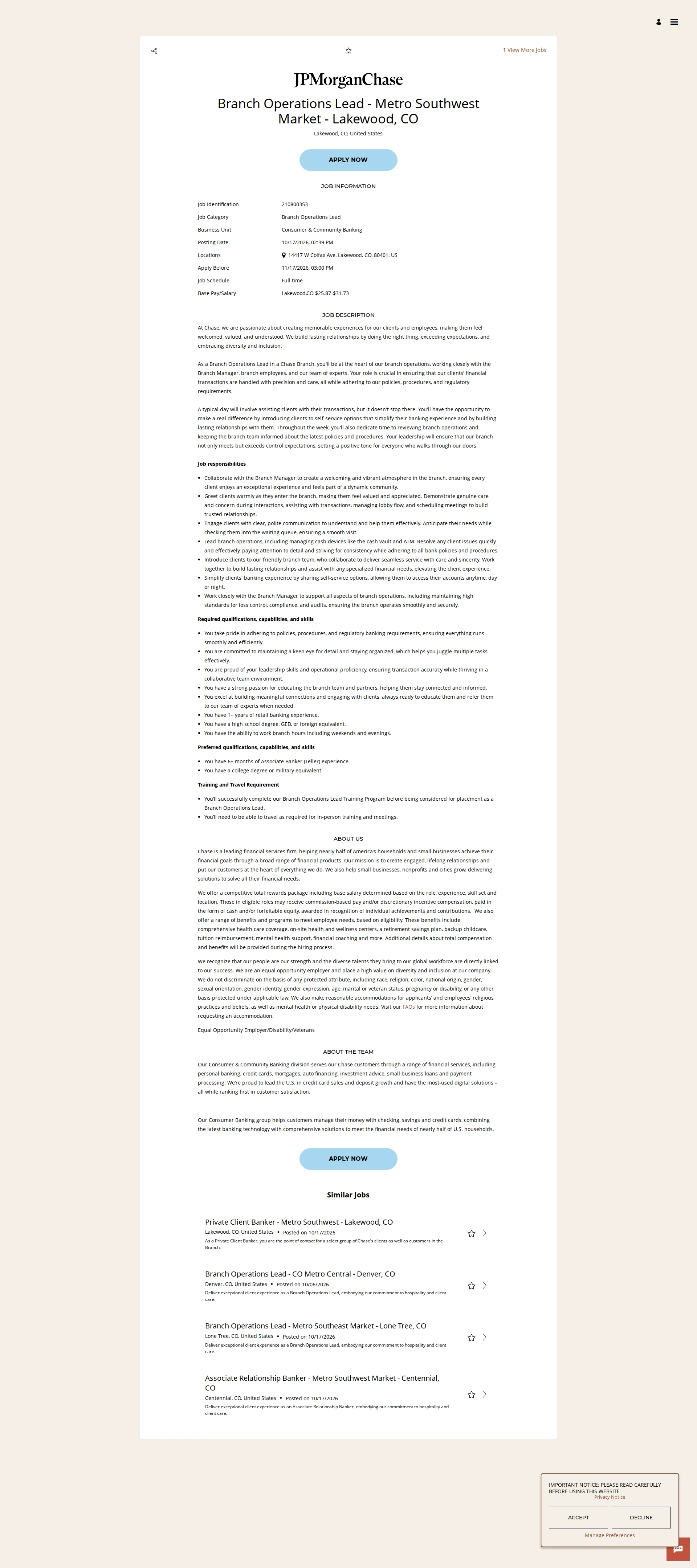 JPMorganChase Branch Operations Lead - Metro Southwest Market - Lakewood, CO 채용공고