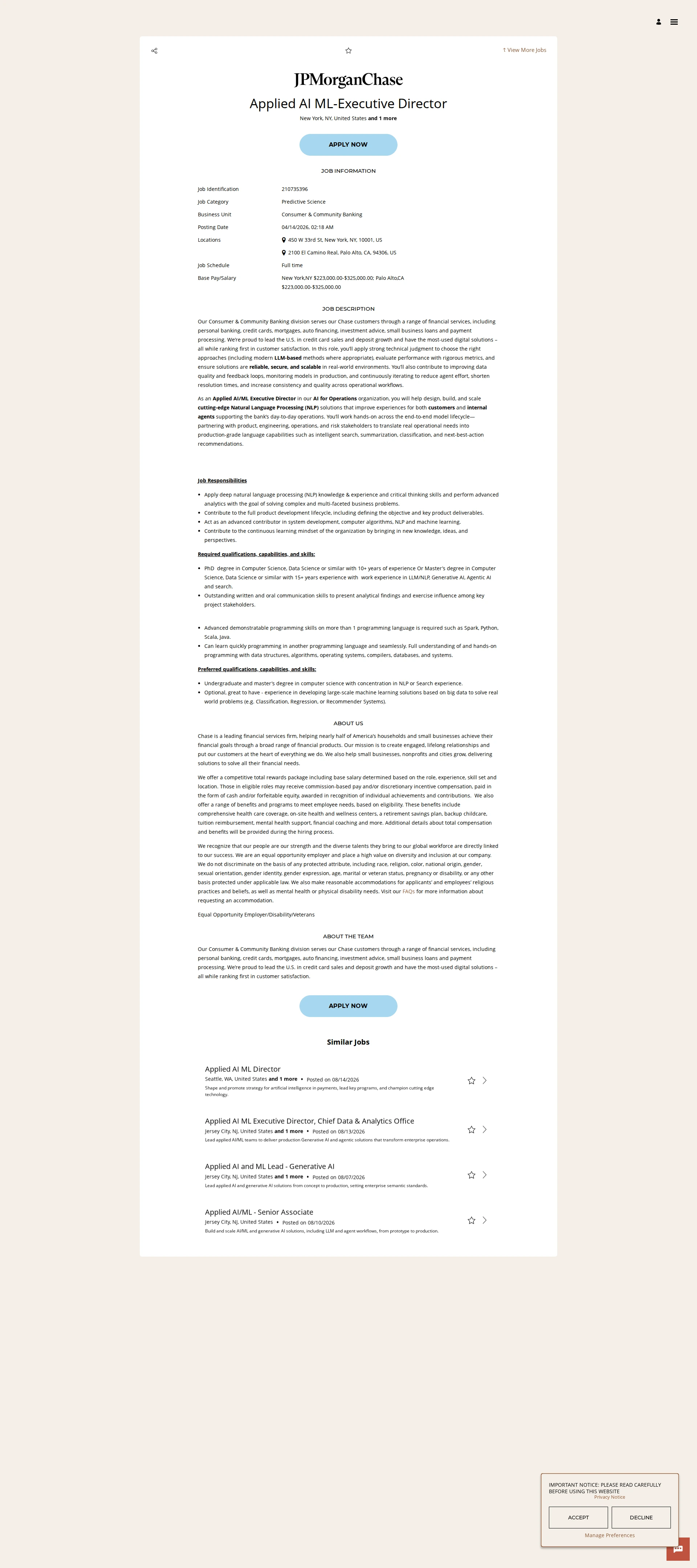 JPMorganChase Applied AI ML-Executive Director 채용공고