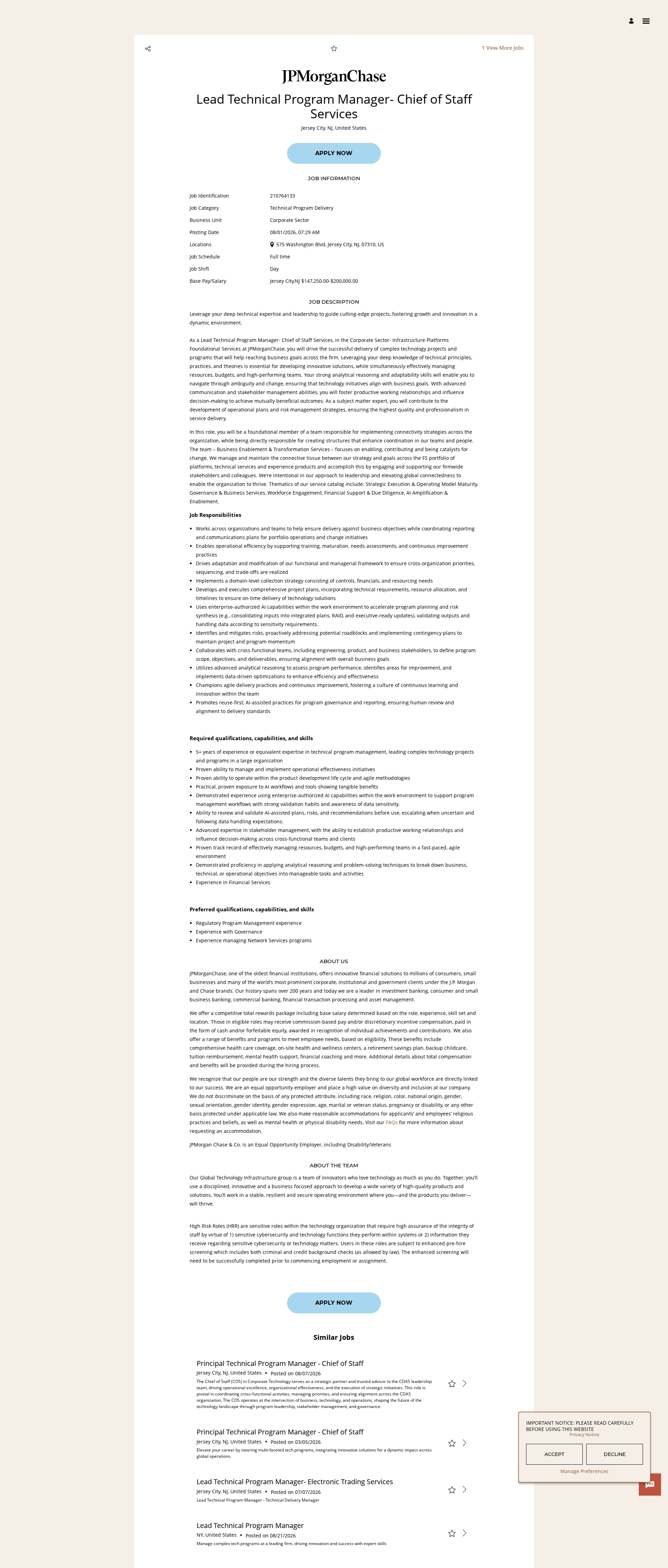 JPMorganChase Lead Technical Program Manager- Chief of Staff Services 채용공고
