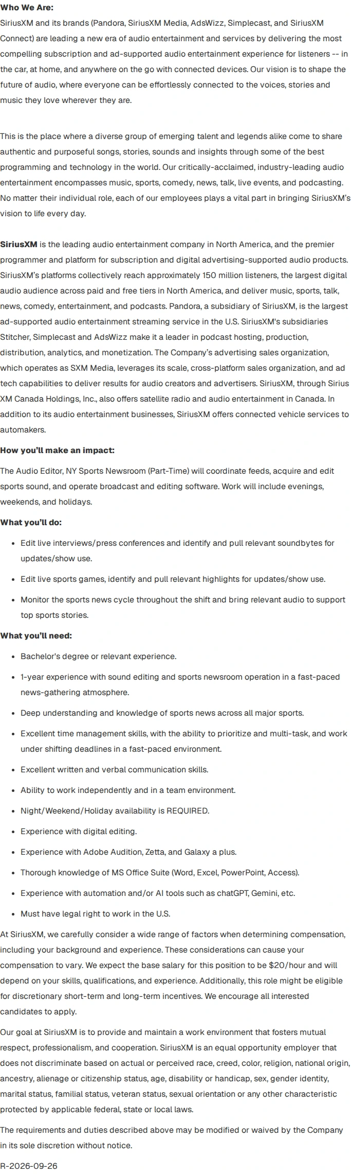 Sirius XM Audio Editor, NY Sports Newsroom - Part Time 채용공고