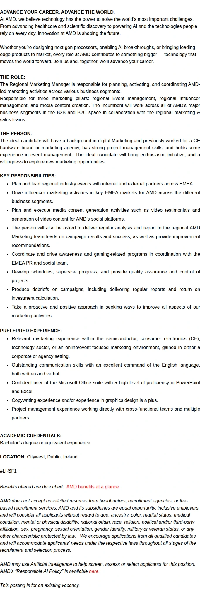 AMD Regional Marketing Manager 채용공고