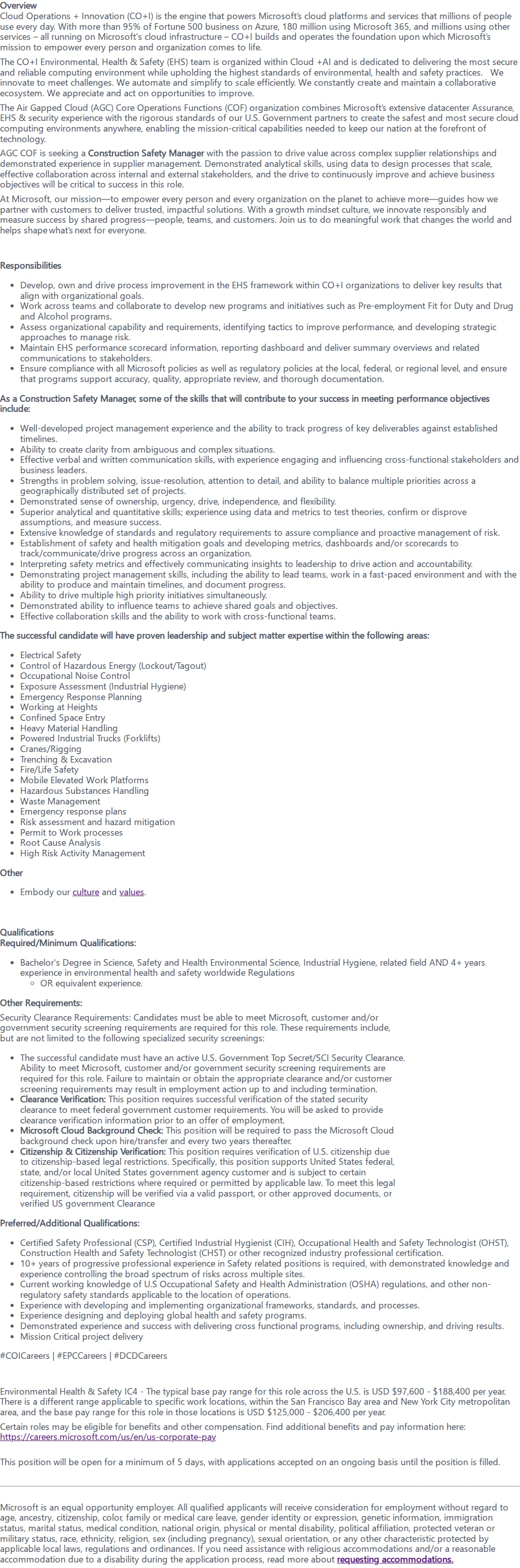마이크로소프트(Microsoft) Construction Safety Manager - CTJ - TS/SCI 채용공고