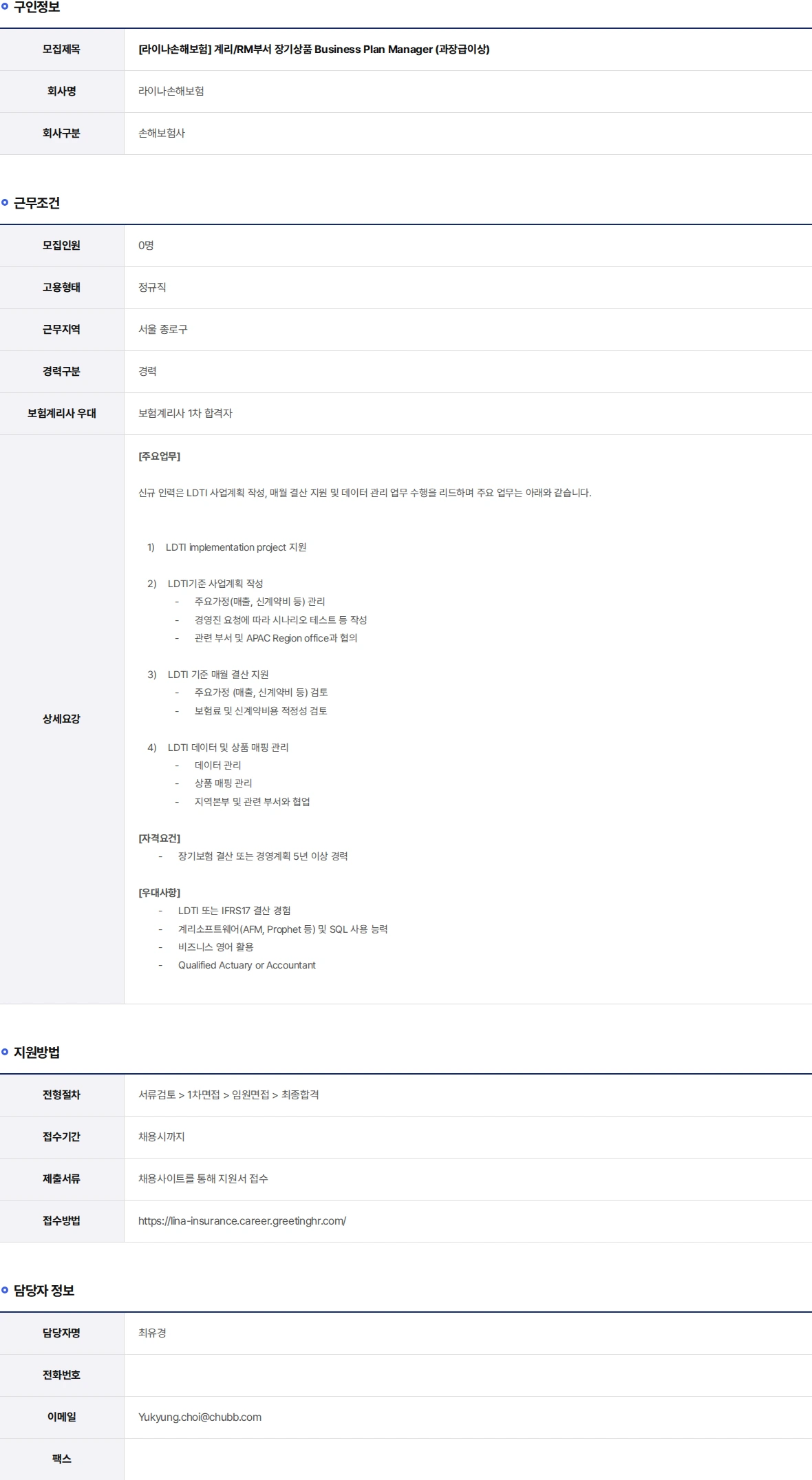 라이나손해보험 계리/RM부서 장기상품 Business Plan Manager (과장급이상) 채용공고