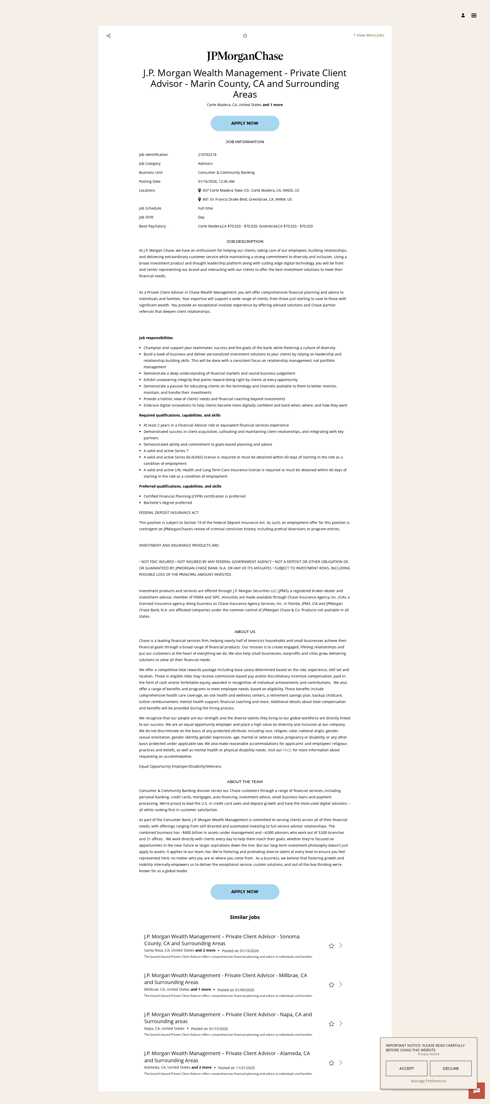 JPMorganChase J.P. Morgan Wealth Management - Private Client Advisor - Marin County, CA and Surrounding Areas 채용공고