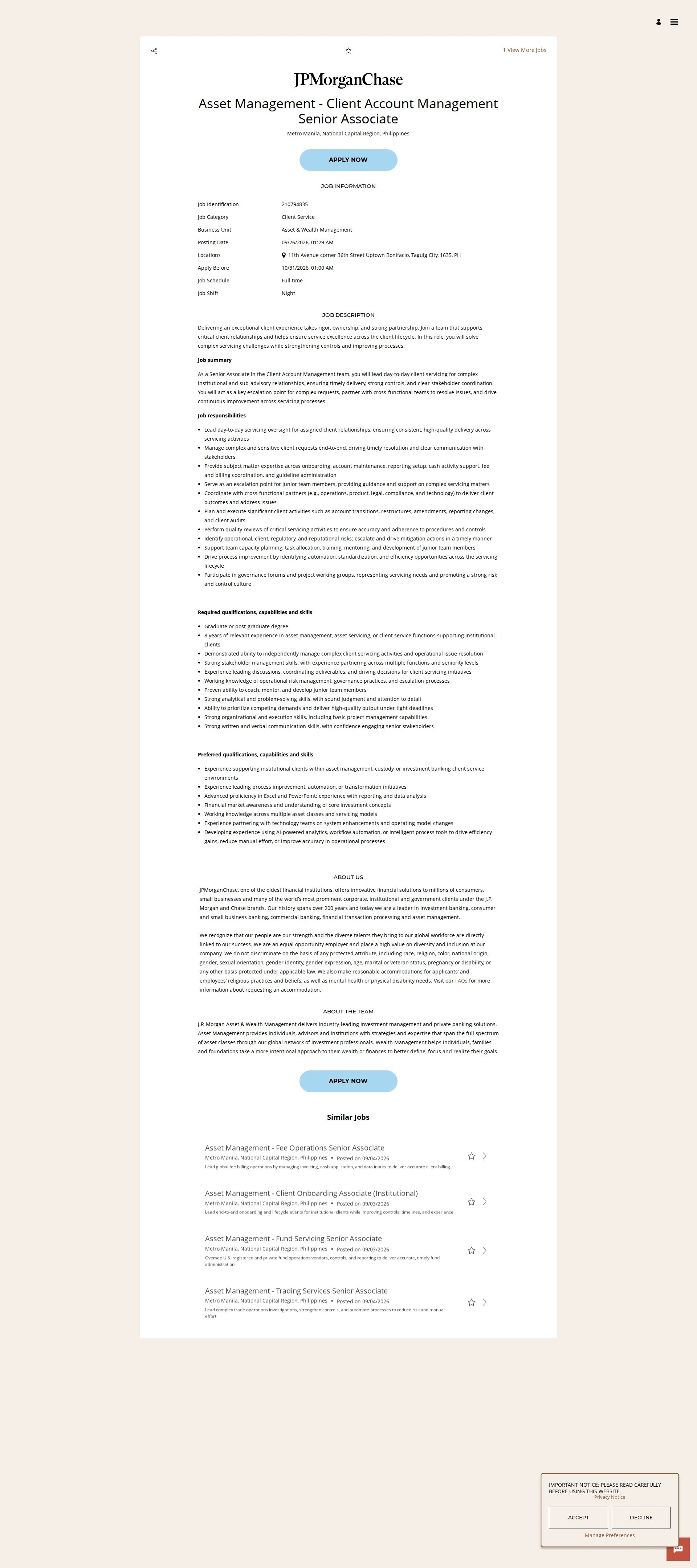 JPMorganChase Asset Management - Client Account Management Senior Associate 채용공고