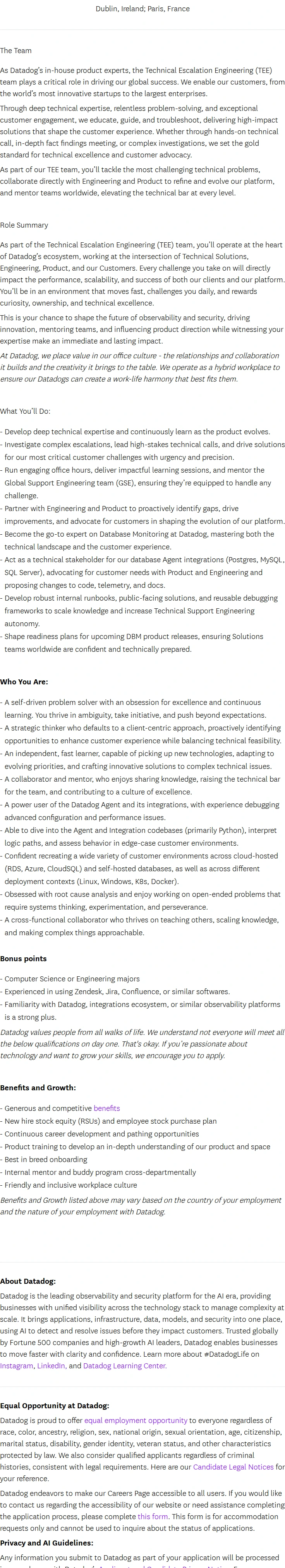 데이터독 Technical Escalations Engineer 2 (Database Monitoring) - EMEA 채용공고