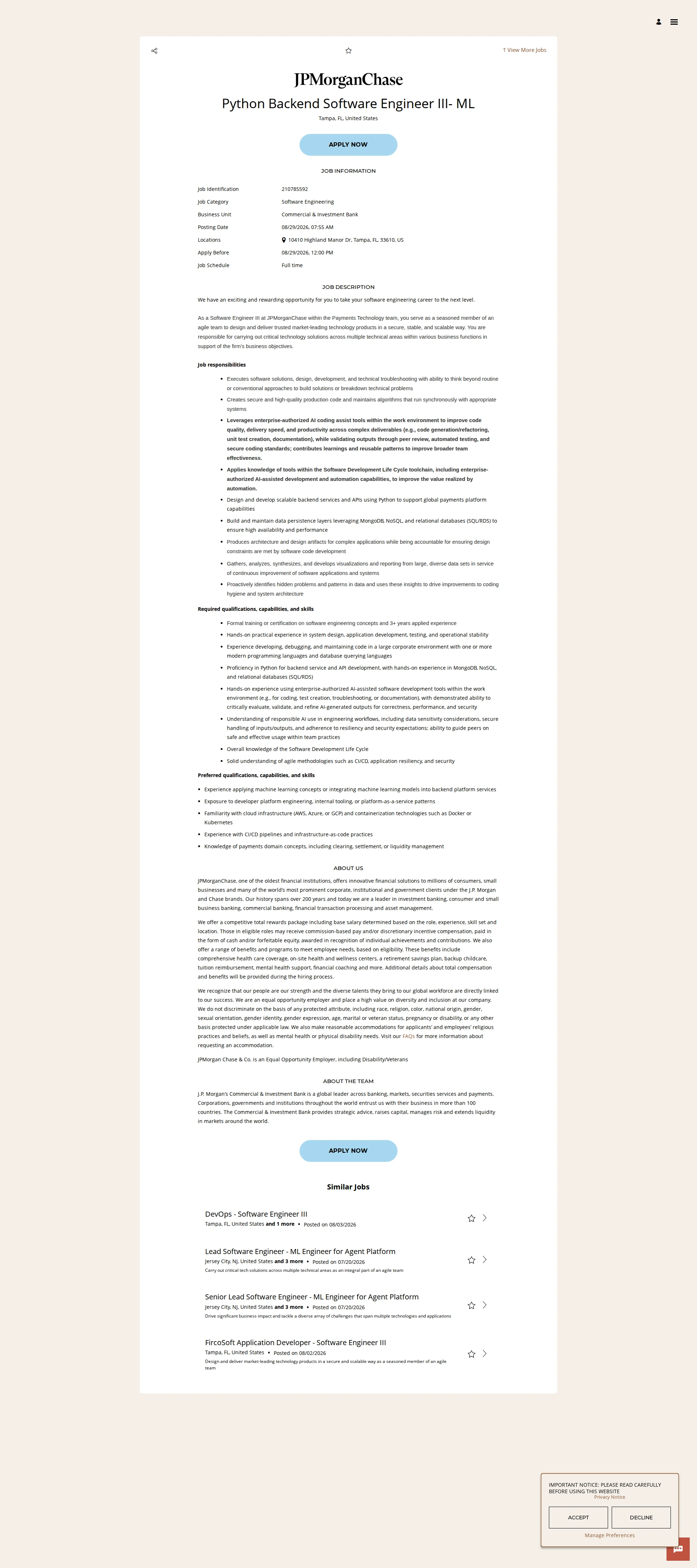 JPMorganChase Python Backend Software Engineer III- ML 채용공고