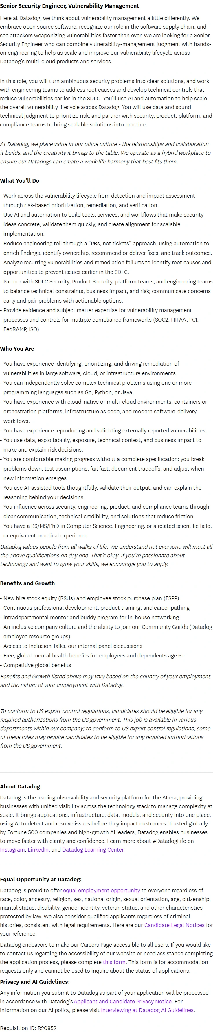 데이터독 Senior Security Engineer, Vulnerability Management 채용공고