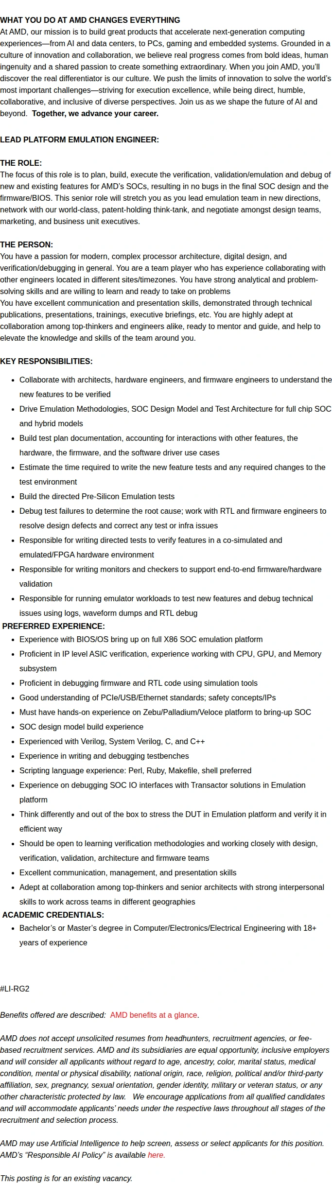 AMD LEAD PLATFORM EMULATION ENGINEER 채용공고