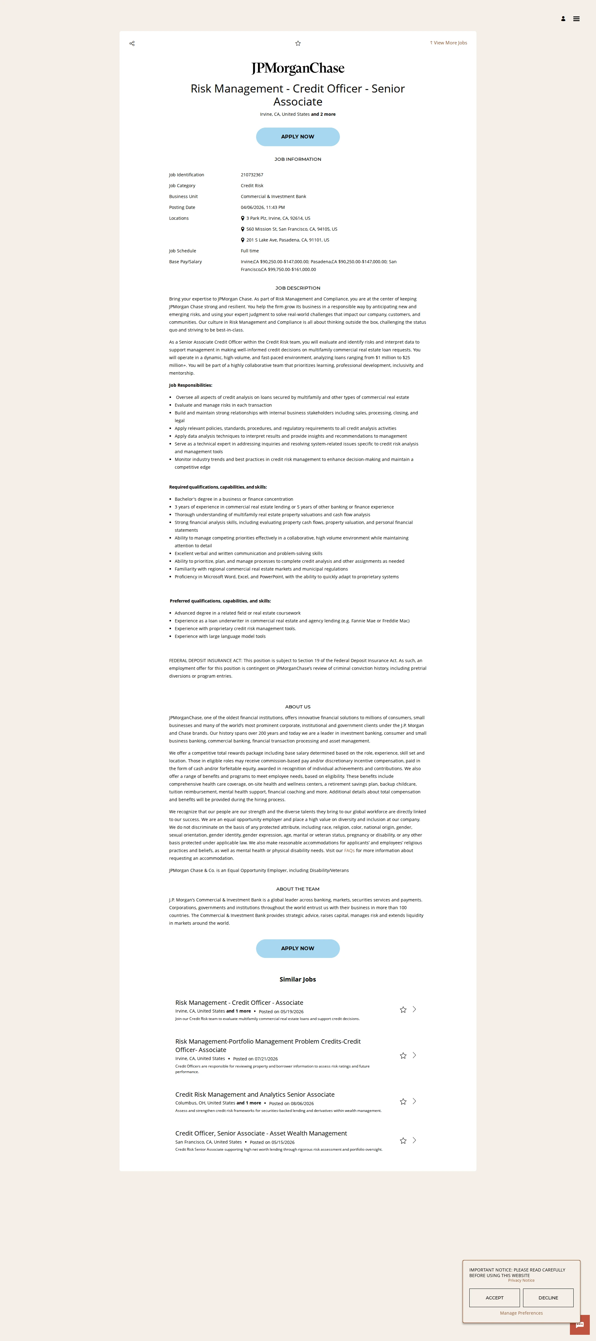 JPMorganChase Risk Management - Credit Officer - Senior Associate 채용공고