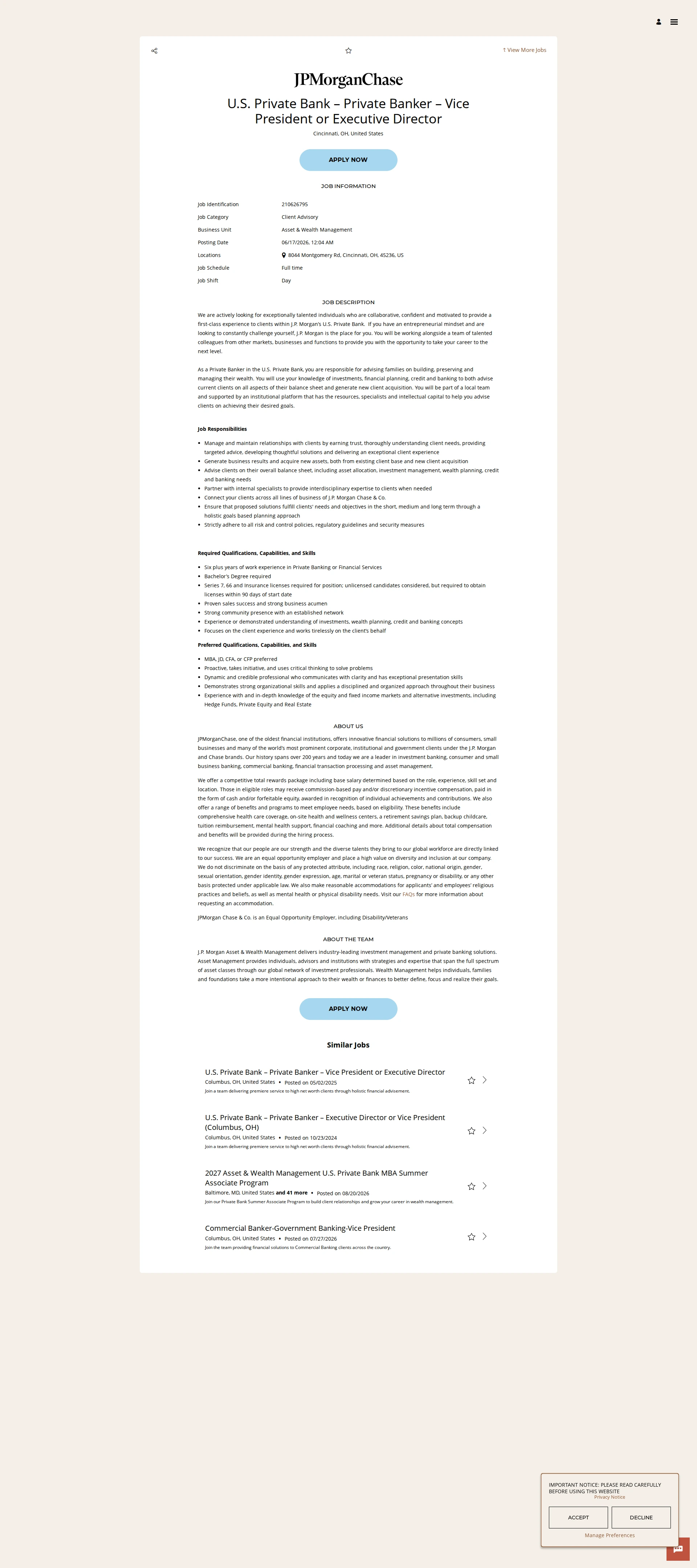 JPMorganChase U.S. Private Bank – Private Banker – Vice President or Executive Director 채용공고