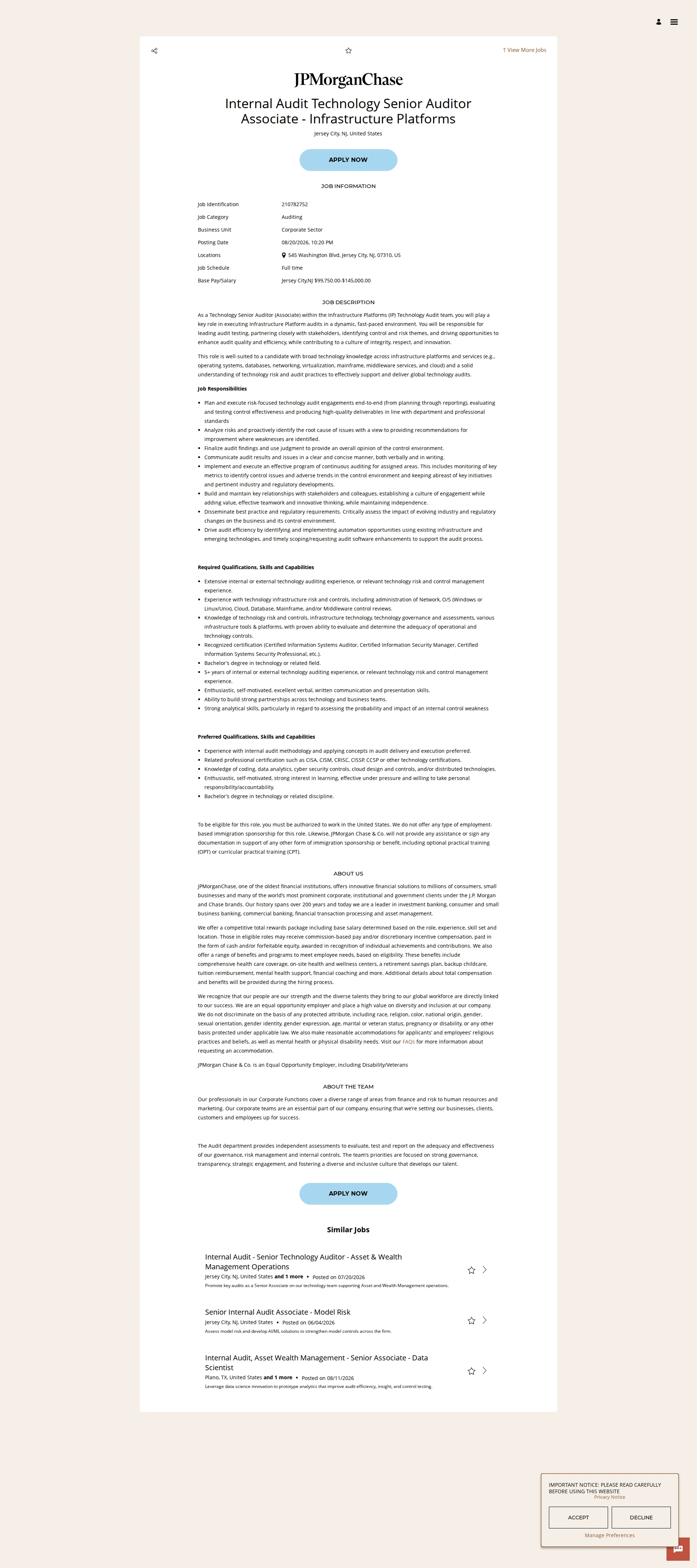 JPMorganChase Internal Audit Technology Senior Auditor Associate - Infrastructure Platforms 채용공고