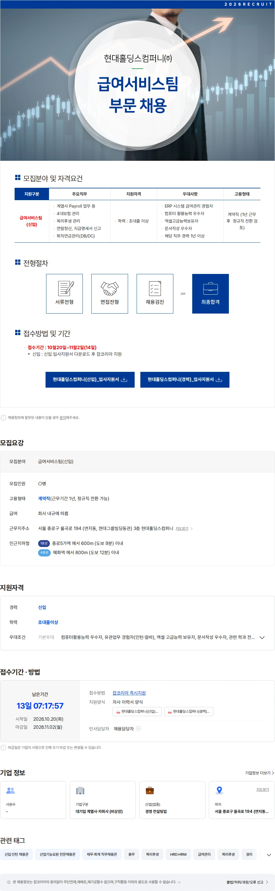 현대홀딩스컴퍼니 급여서비스팀 부문 채용 채용공고