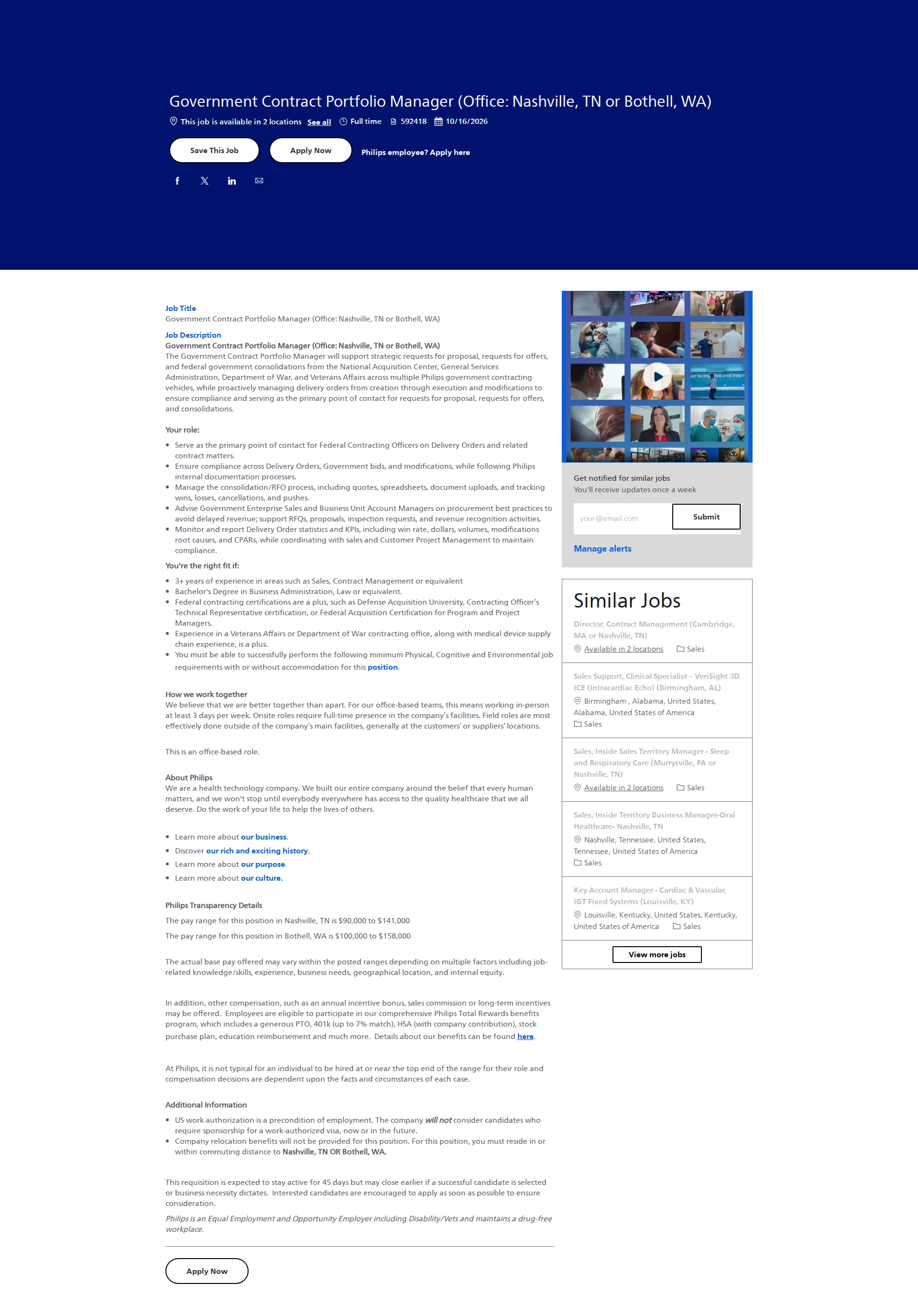 필립스 Government Contract Portfolio Manager (Office: Nashville, TN or Bothell, WA) 채용공고
