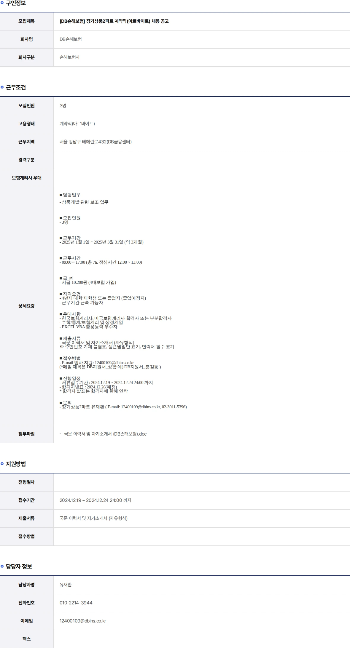 DB손해보험 장기상품2파트 계약직(아르바이트) 채용 공고 채용공고