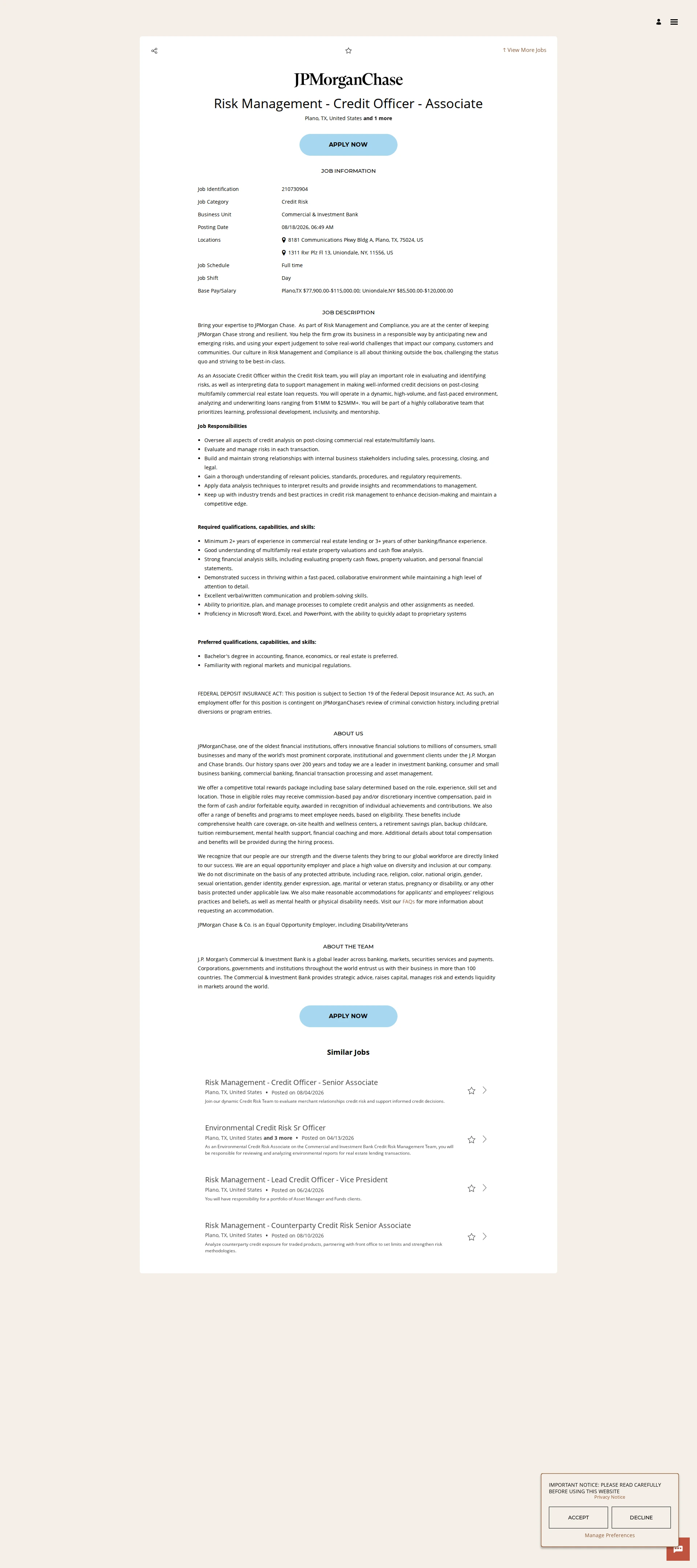 JPMorganChase Risk Management - Credit Officer - Associate 채용공고