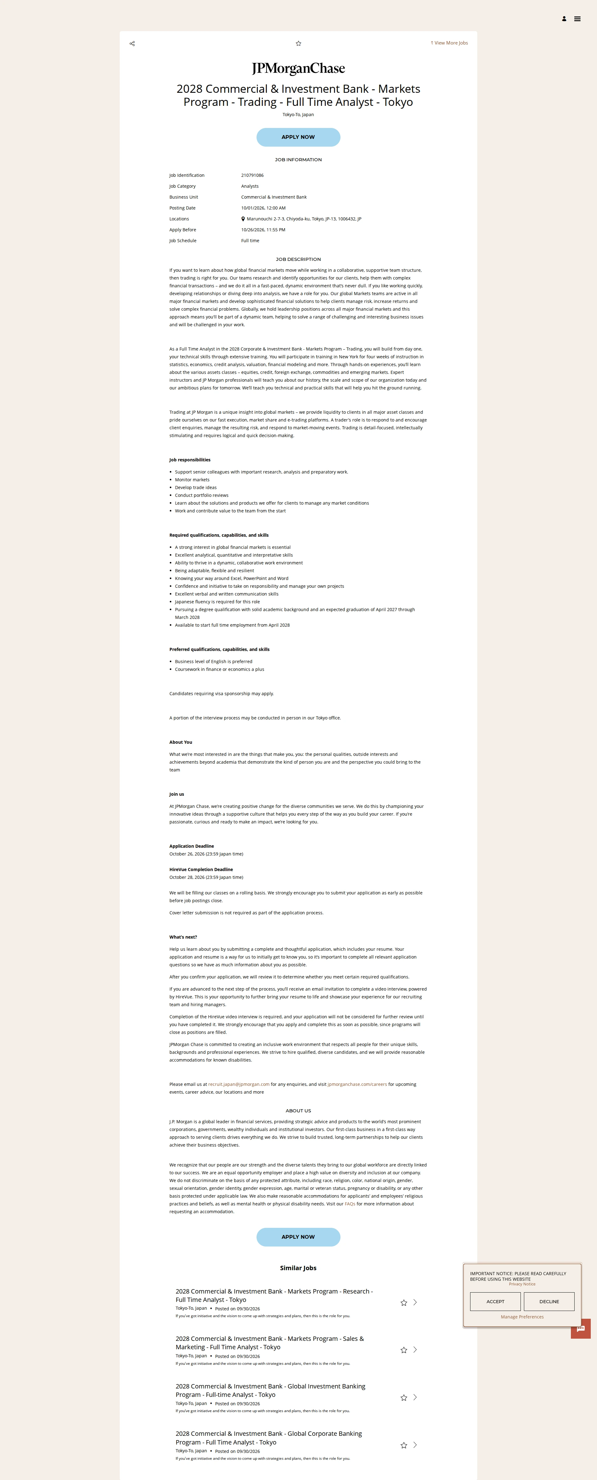 JPMorganChase 2028 Commercial & Investment Bank - Markets Program - Trading - Full Time Analyst - Tokyo 채용공고
