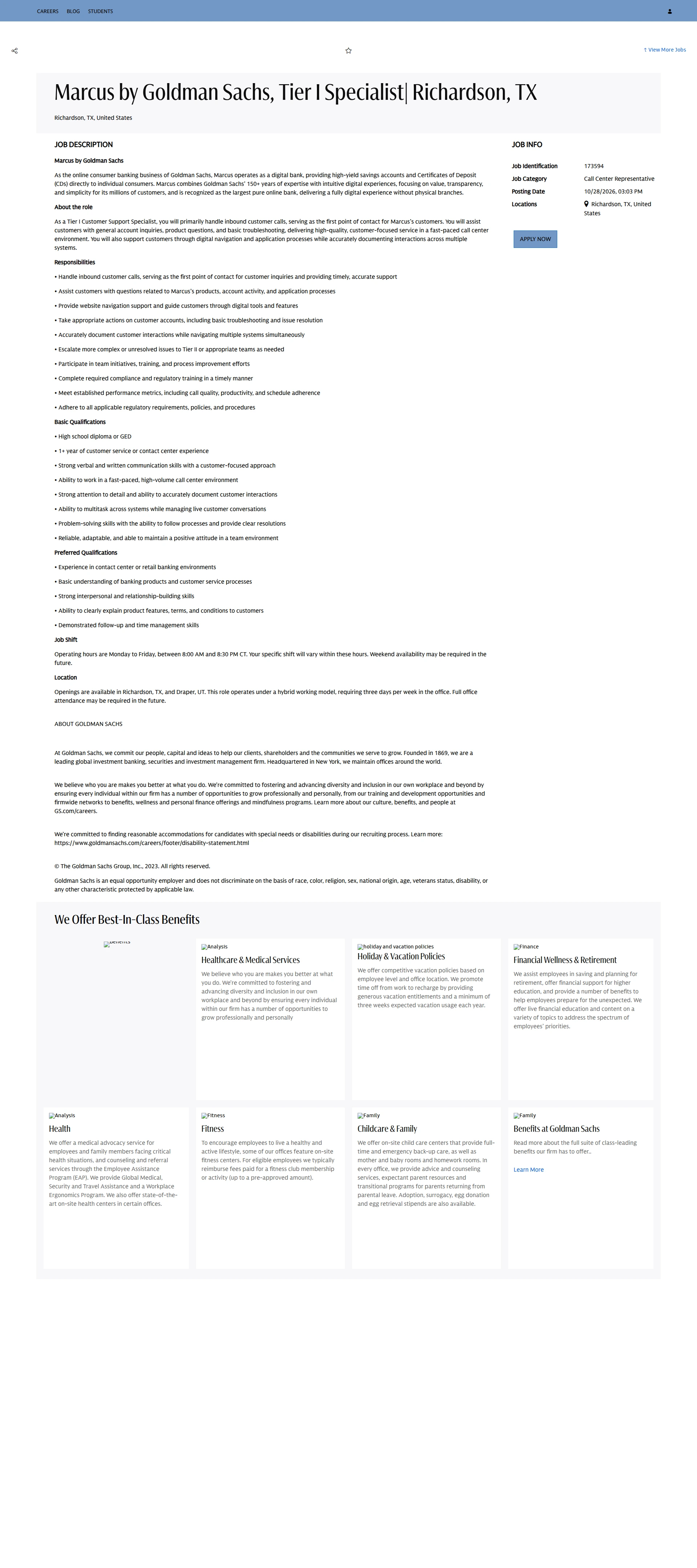 골드만삭스 Marcus by Goldman Sachs, Tier I Specialist| Richardson, TX 채용공고