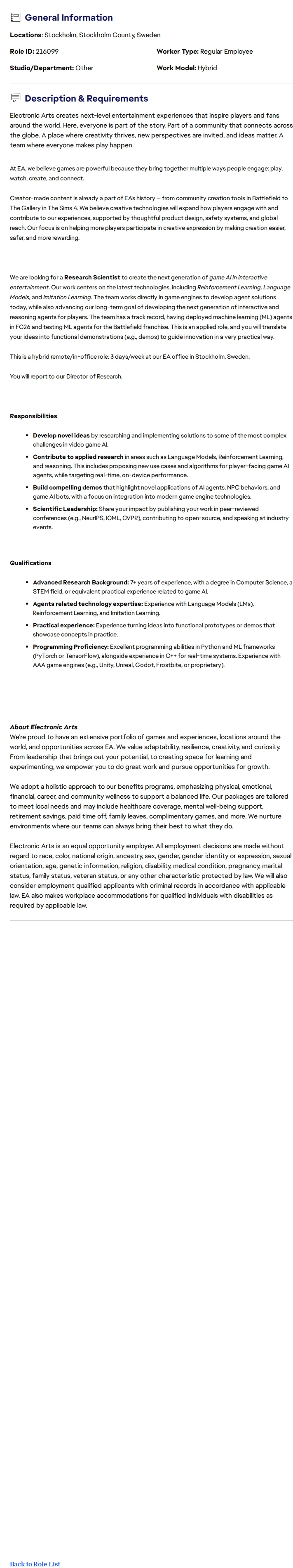 ElectronicArts Senior Research Scientist 채용공고