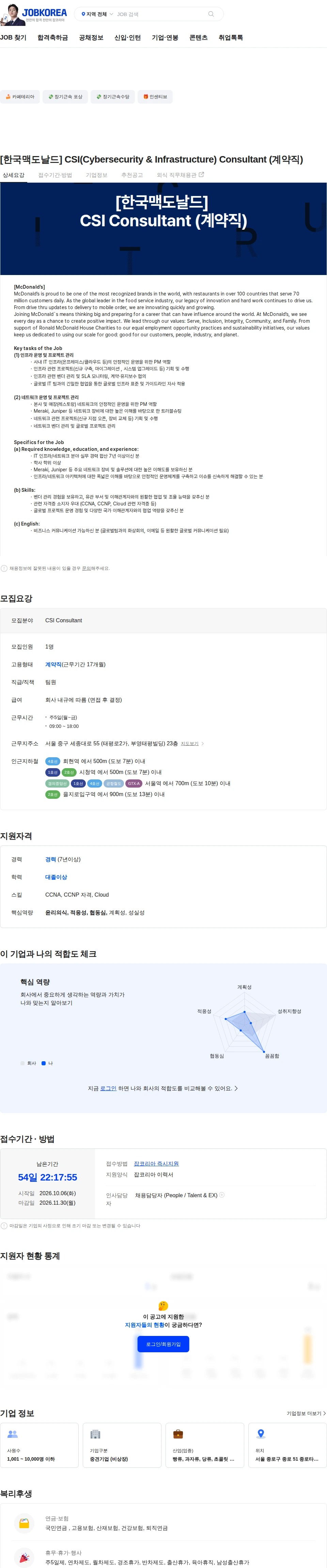 한국맥도날드 [한국맥도날드] CSI(Cybersecurity & Infrastructure) Consultant (계약직) 채용공고