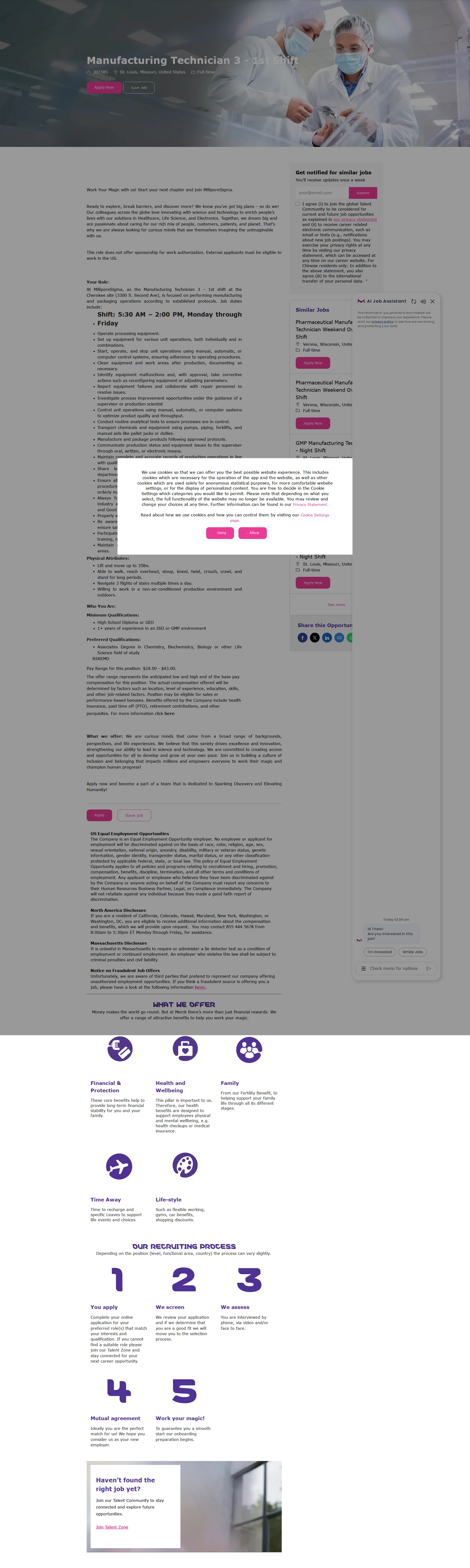 머크 Manufacturing Technician 3 - 1st Shift 채용공고