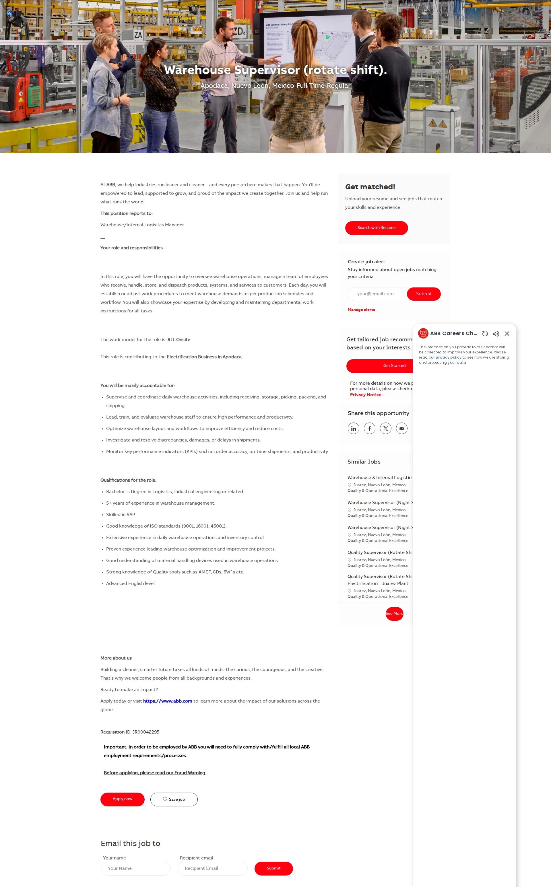 ABB코리아 Warehouse Supervisor (rotate shift). 채용공고
