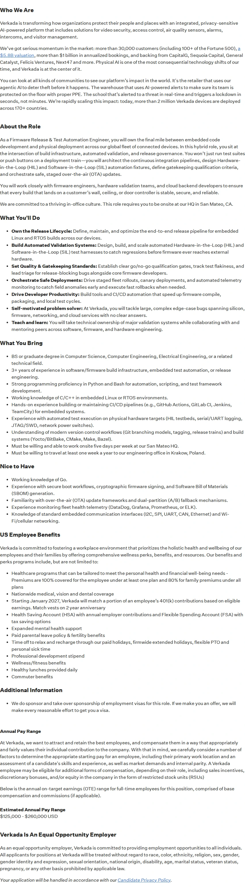 버카다 Firmware Release & Test Automation Engineer 채용공고