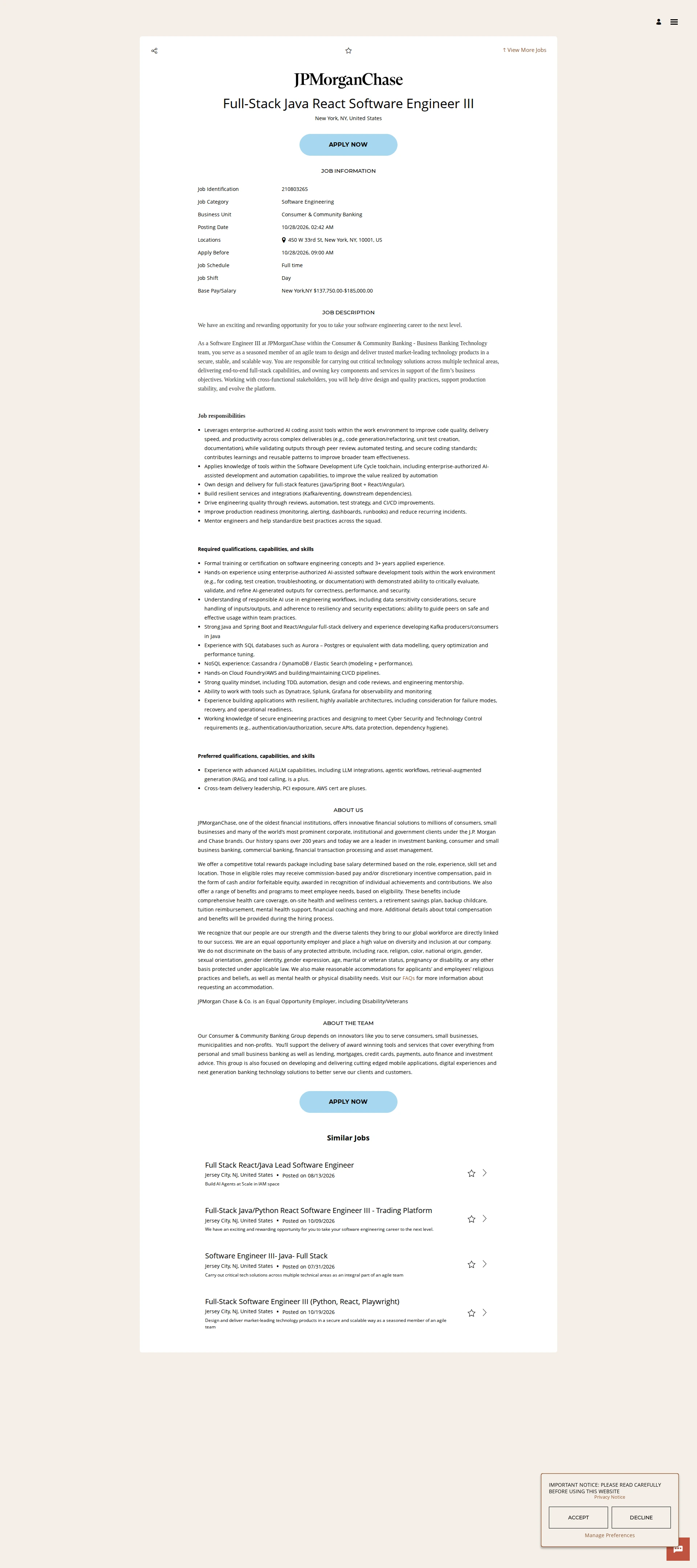 JPMorganChase Full-Stack Java React Software Engineer III 채용공고
