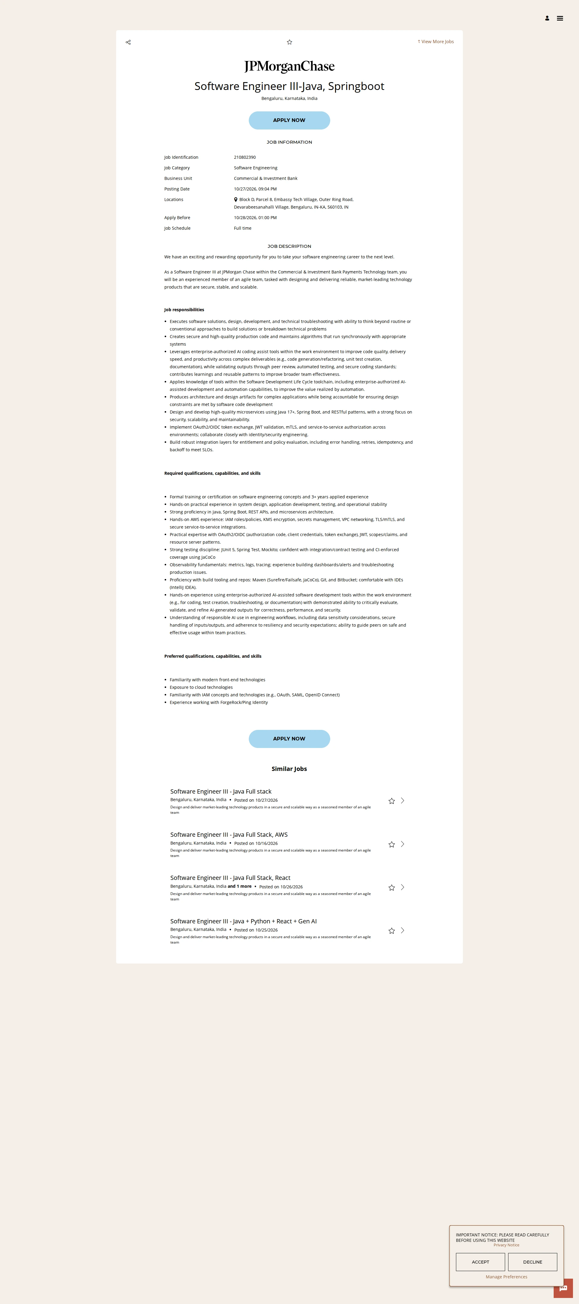 JPMorganChase Software Engineer III-Java, Springboot 채용공고