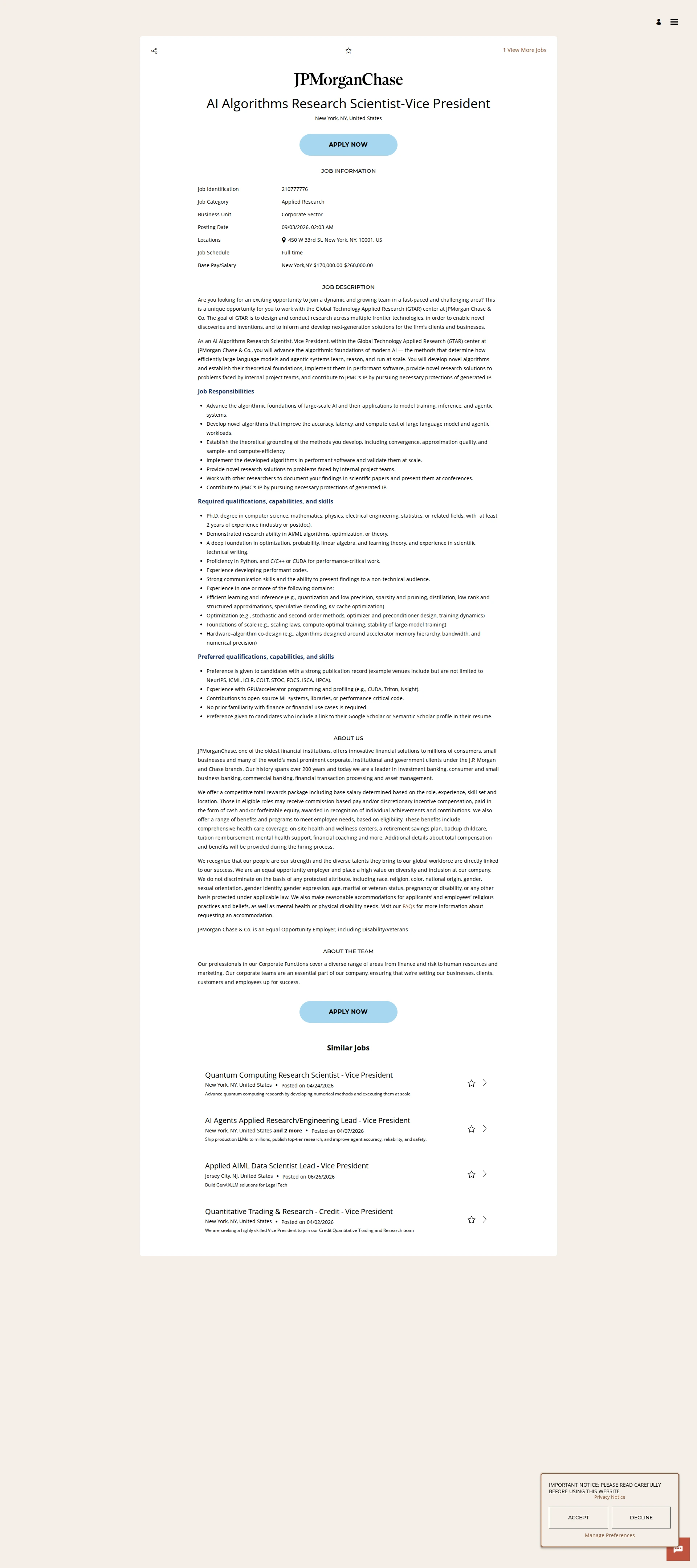 JPMorganChase AI Algorithms Research Scientist-Vice President 채용공고