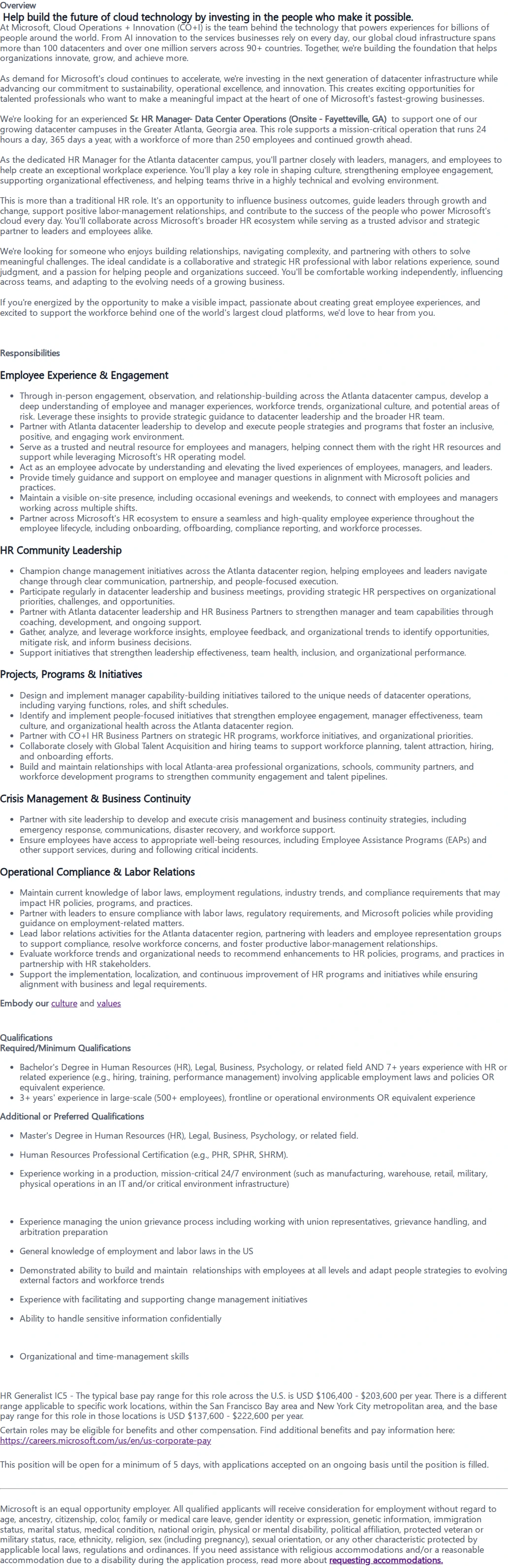 마이크로소프트(Microsoft) Sr. HR Manager- Data Center Operations (Onsite - Fayetteville, GA) 채용공고