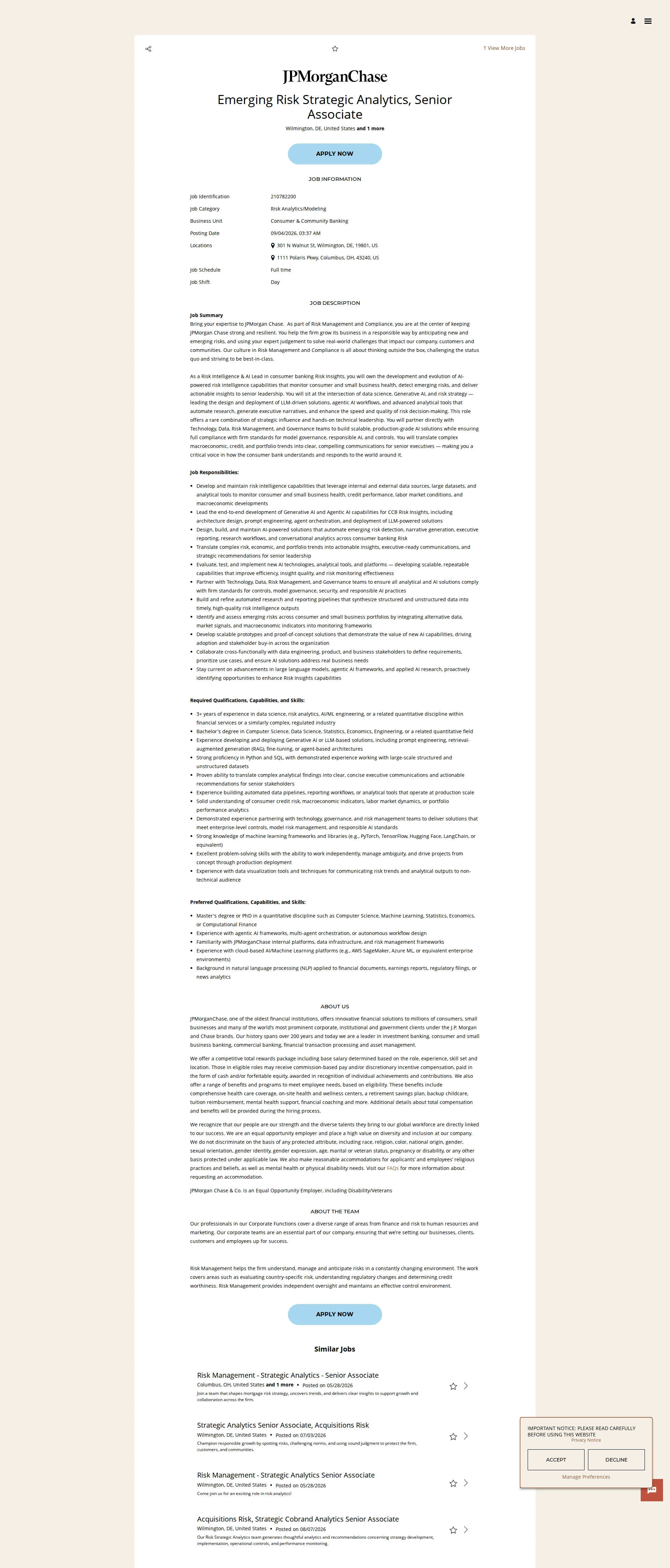 JPMorganChase Emerging Risk Strategic Analytics, Senior Associate 채용공고