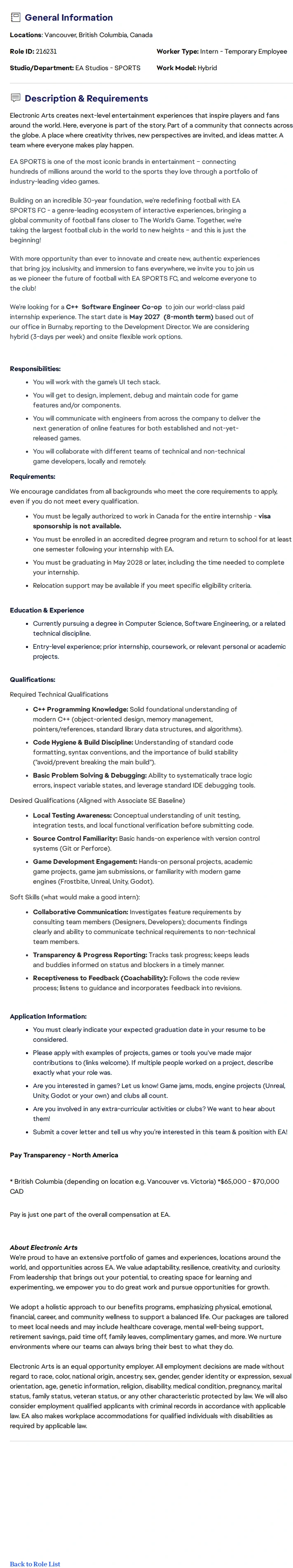 ElectronicArts C++ Generalist Software Engineer Co-op (FC - Vancouver - Summer 2027 - 8-Months - Undergrad) 채용공고