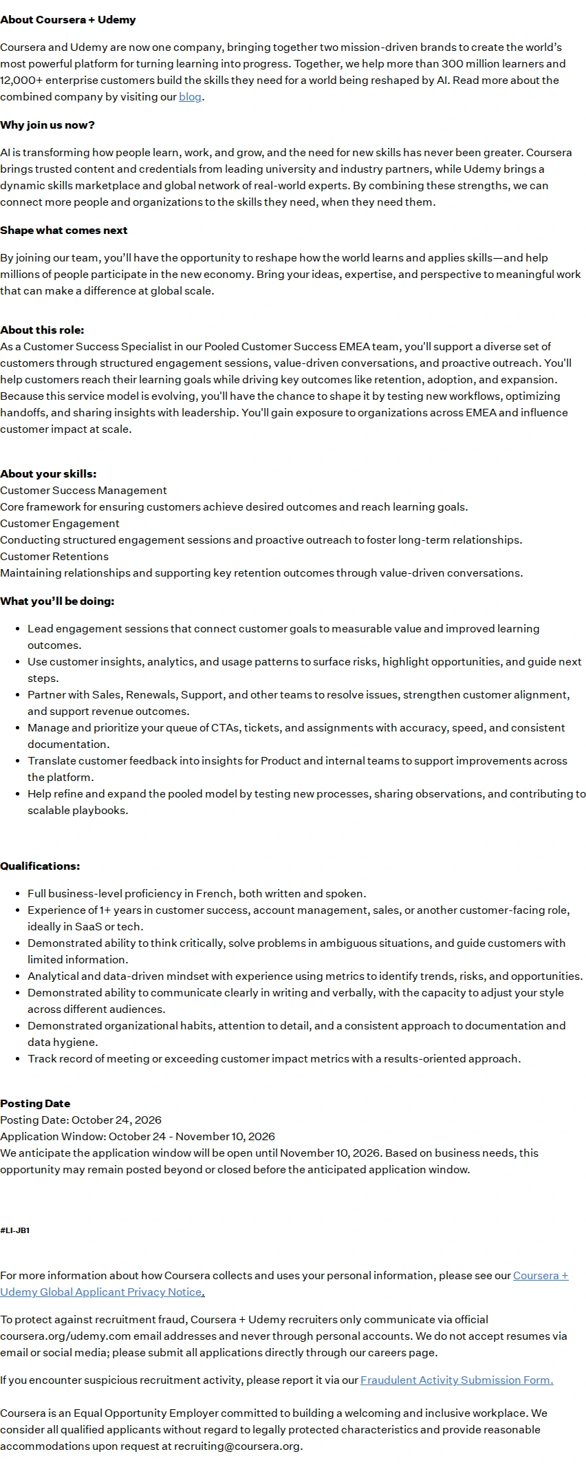 코세라 Customer Success Specialist (French Speaking) 채용공고