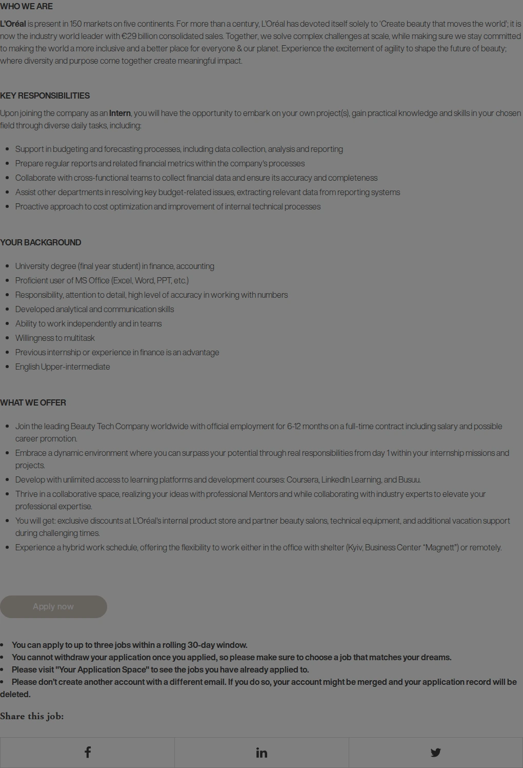 로레알(L'Oreal) Finance Intern 채용공고